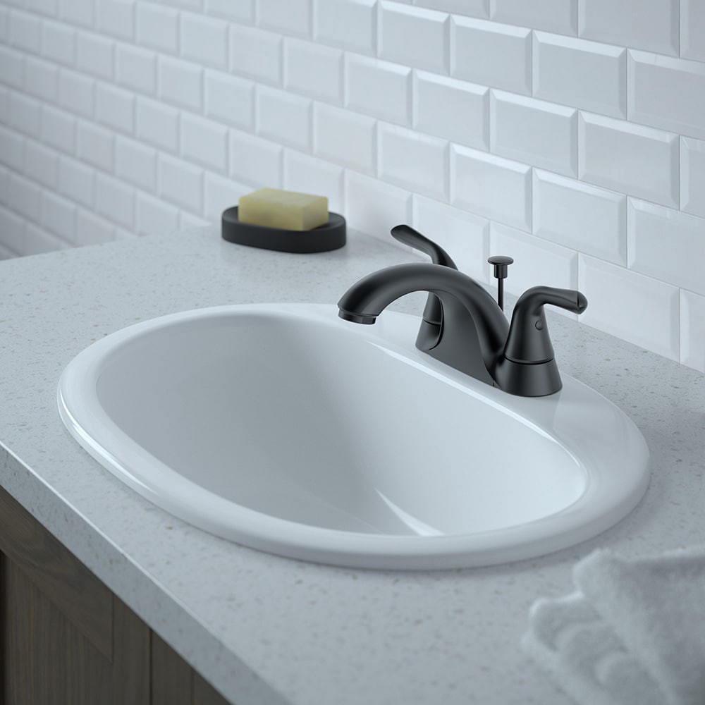 slide 4 of 6, Project Source Dover Matte Black 4-in centerset 2-handle WaterSense Mid-arc Residential Handle Bathroom Sink Faucet with Drain with Deck Plate, 1 ct