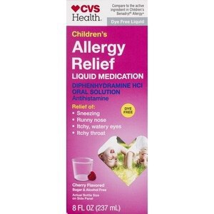 slide 1 of 1, CVS Health Children's Allergy Relief Liquid Dye Free Diphenhydramine Hcl Oral Antihistamine, Cherry, 8 Oz, 1 ct