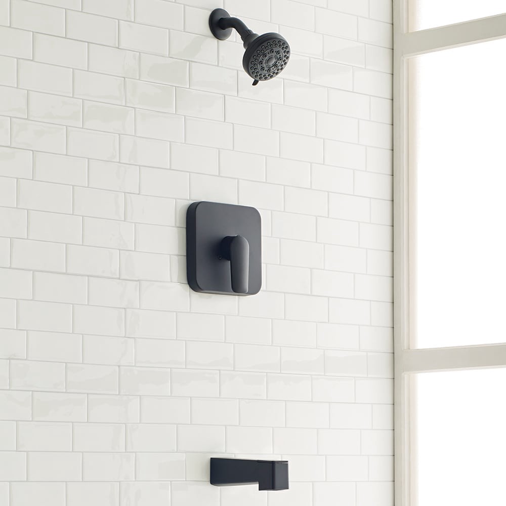 slide 2 of 6, allen + roth Dunmore Matte Black 1-handle 3.752-in Round Bathtub and shower Faucet with Valve (Multi-function), 1 ct