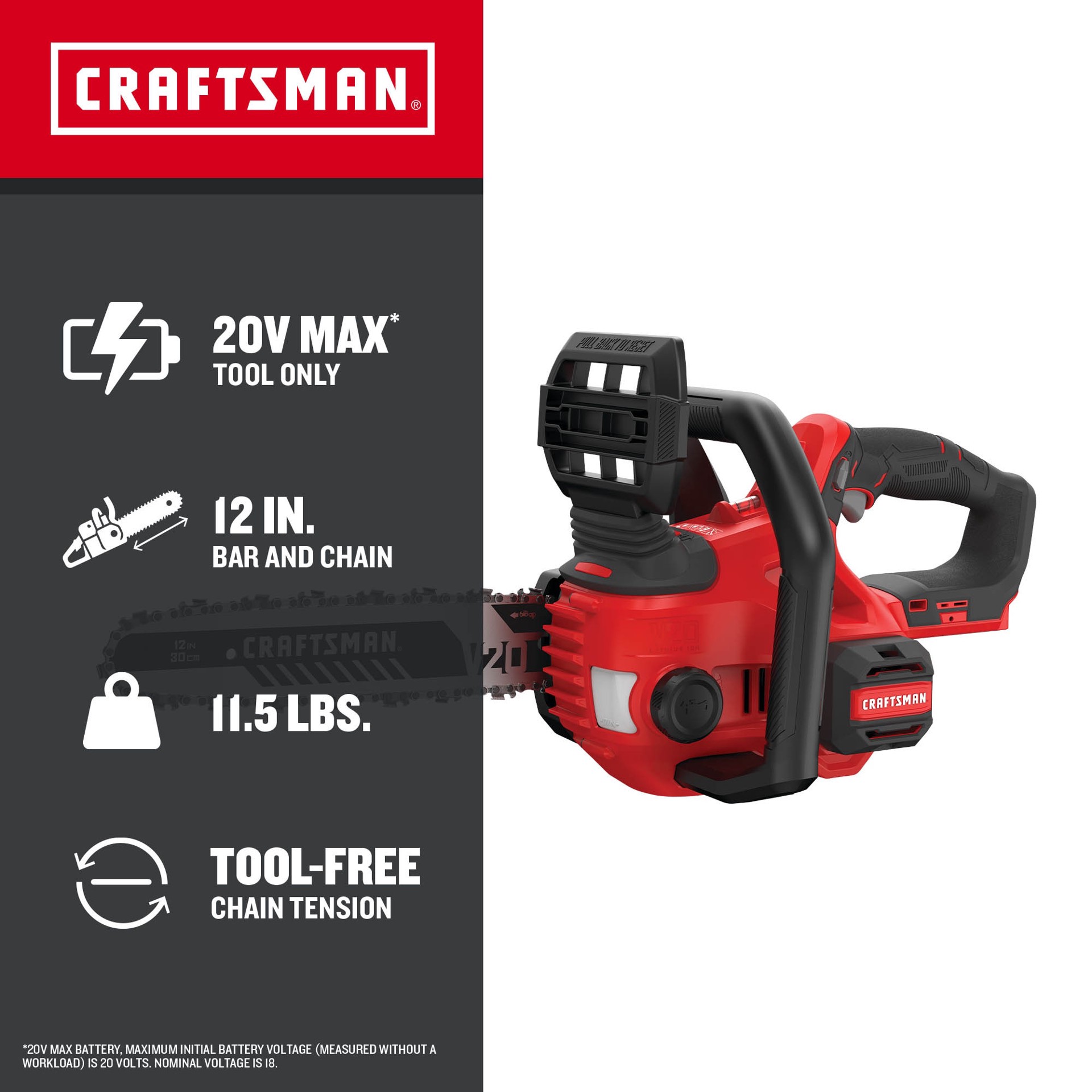 slide 5 of 6, CRAFTSMAN V20 20-volt max 12-in Battery Chainsaw Battery Not Included Charger Not Included, 1 ct