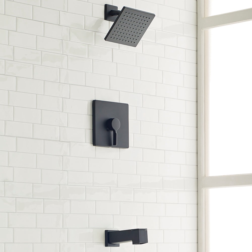 slide 2 of 6, allen + roth Veda Matte Black 1-handle 6-in Square Bathtub and shower Faucet with Valve (Single Function), 1 ct