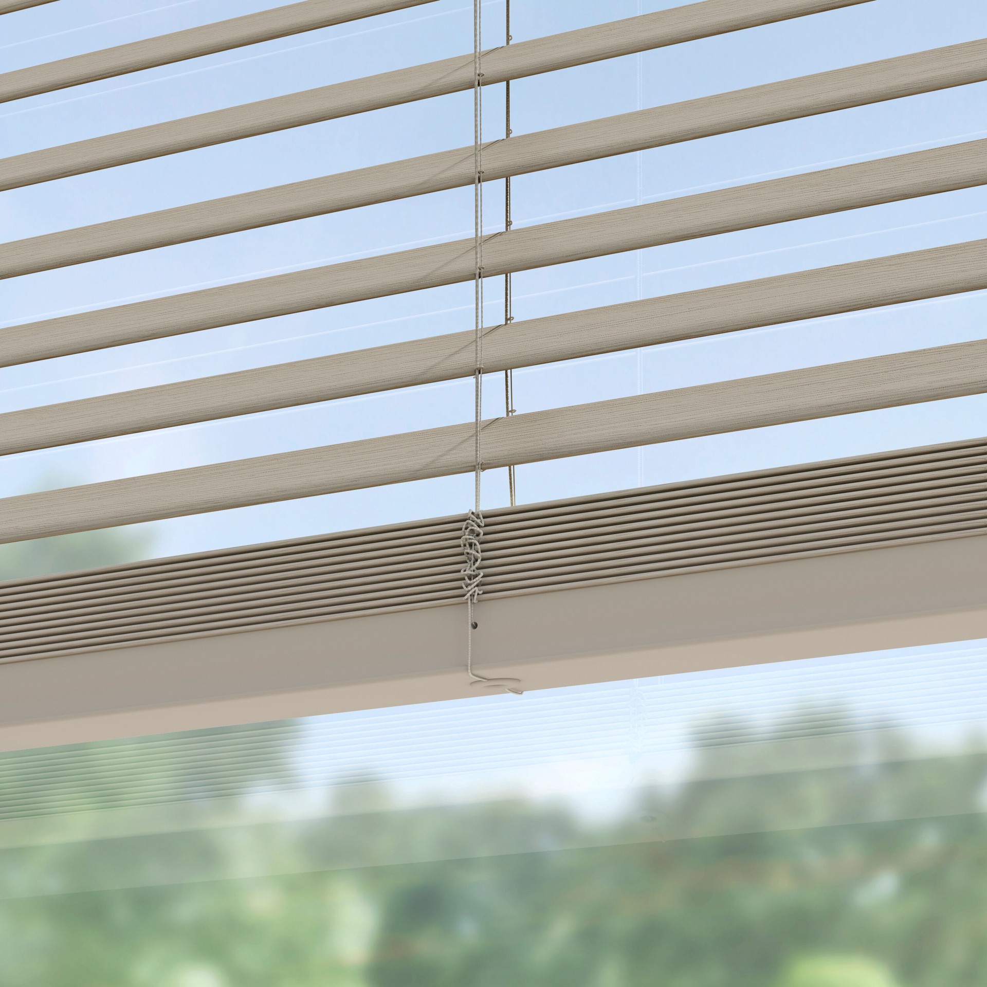 slide 5 of 6, LEVOLOR Trim+Go 2-in Slat Width 57-in x 64-in Cordless Greige Faux Wood Room Darkening Horizontal Blinds, 1 ct