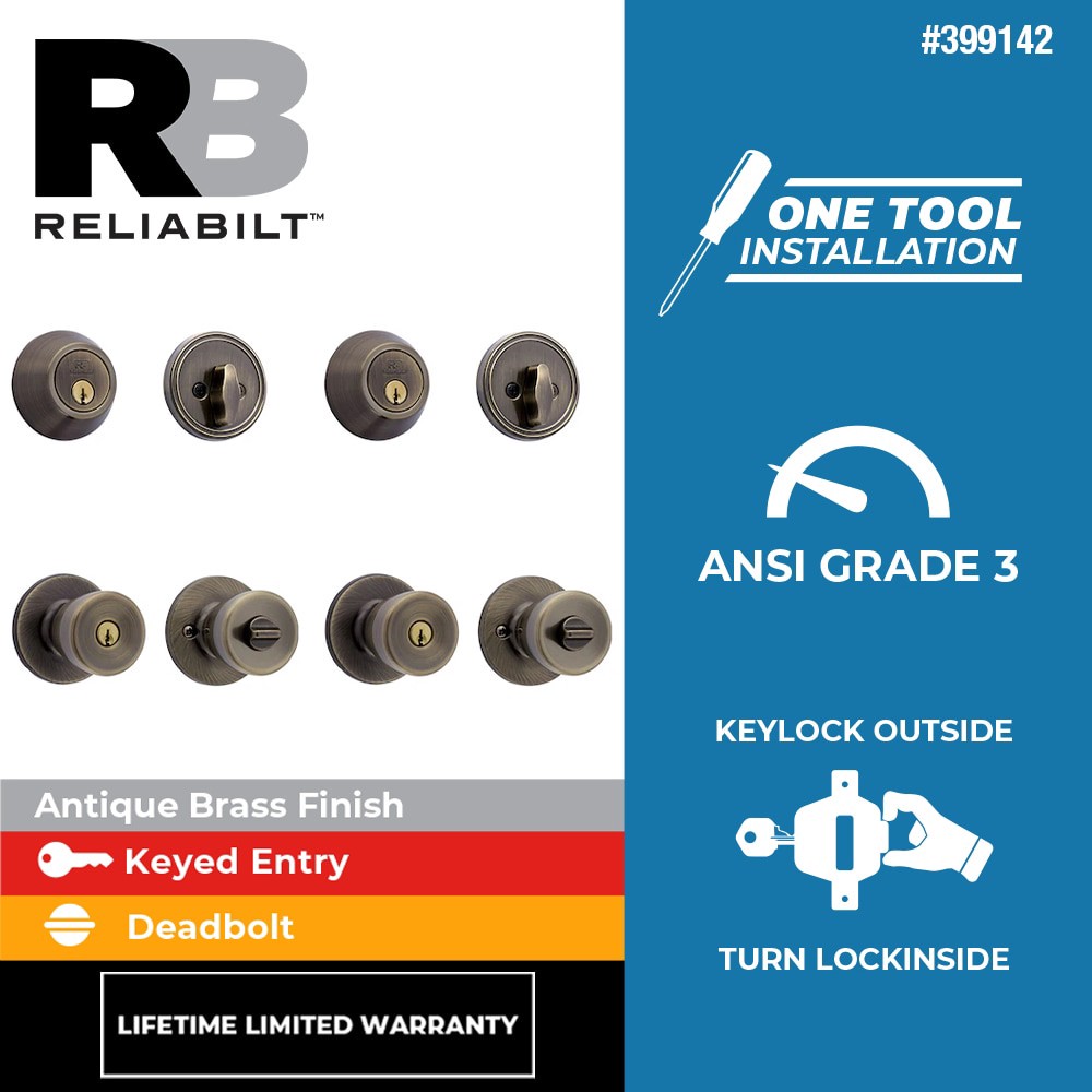 slide 2 of 6, RELIABILT Gallo Antique Brass Exterior Single-Cylinder Deadbolt and Keyed Entry Door Knob 2 -Pack, 1 ct