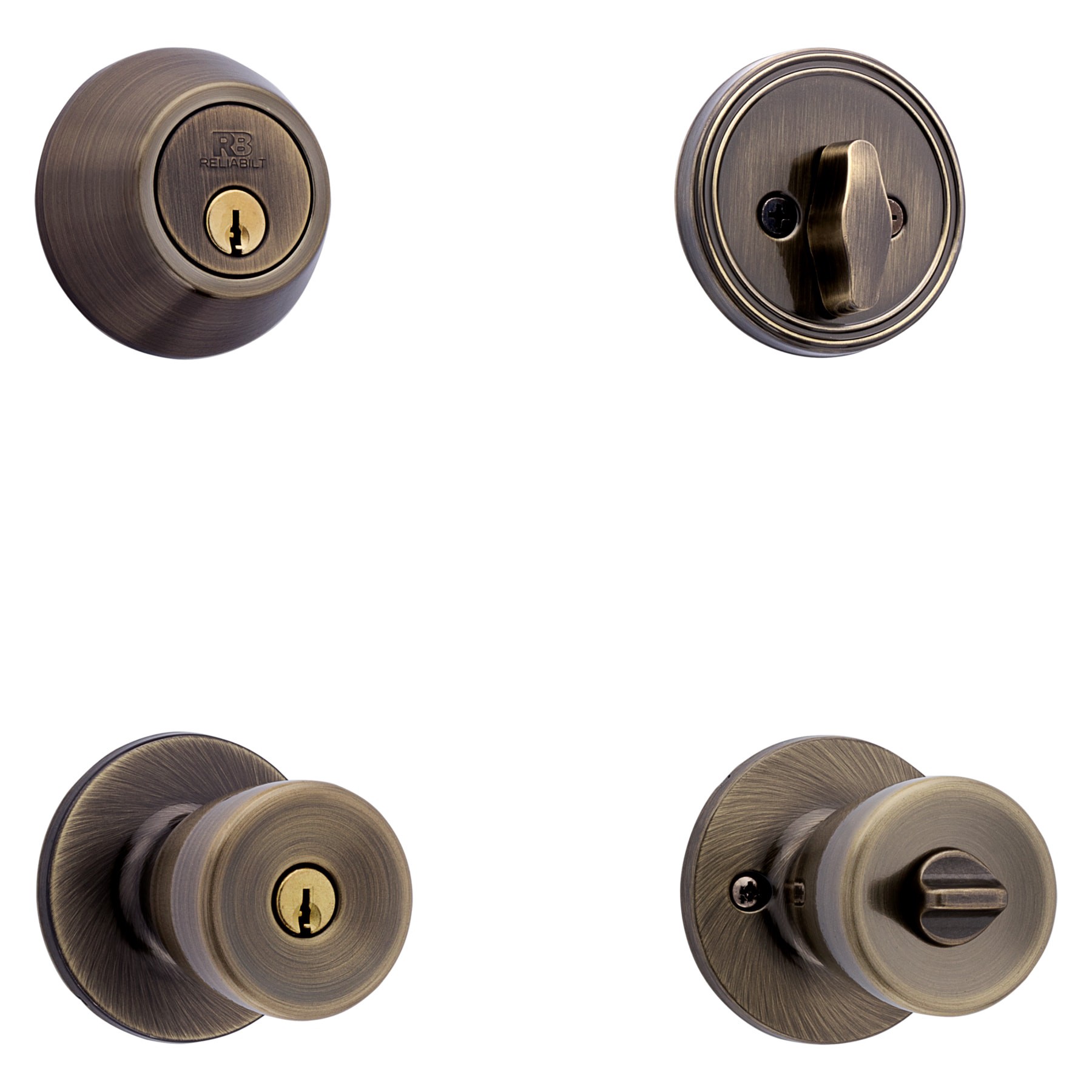 slide 3 of 6, RELIABILT Gallo Antique Brass Exterior Single-Cylinder Deadbolt and Keyed Entry Door Knob 2 -Pack, 1 ct