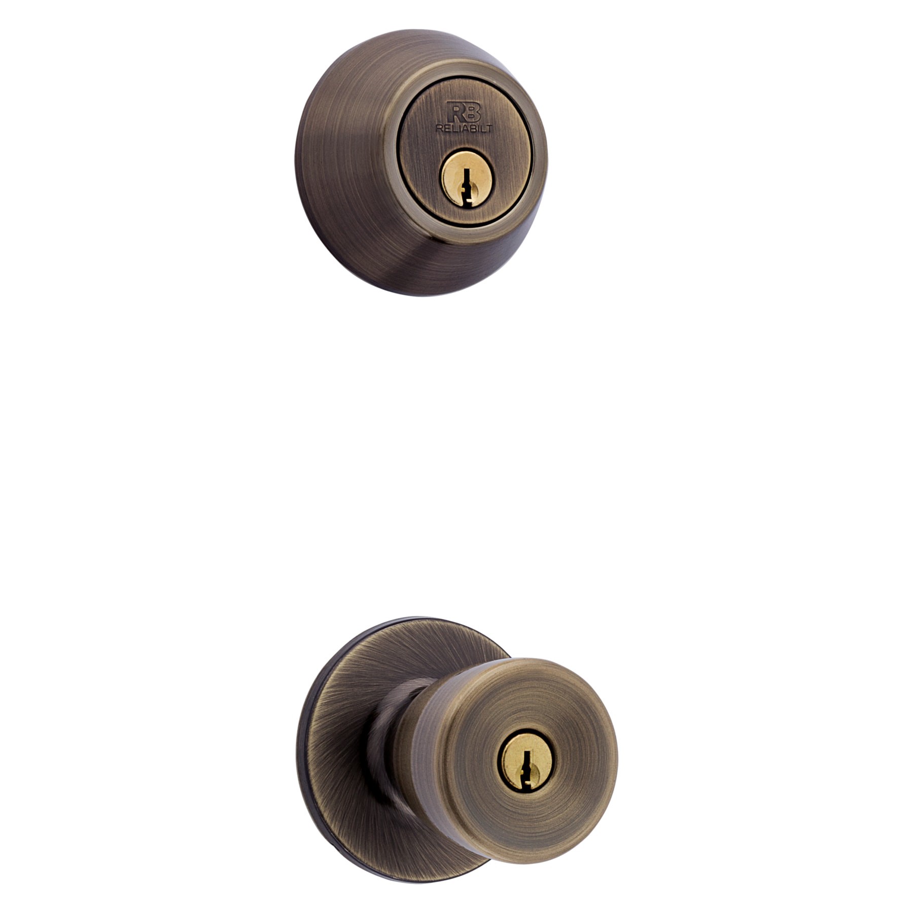 slide 4 of 6, RELIABILT Gallo Antique Brass Exterior Single-Cylinder Deadbolt and Keyed Entry Door Knob 2 -Pack, 1 ct