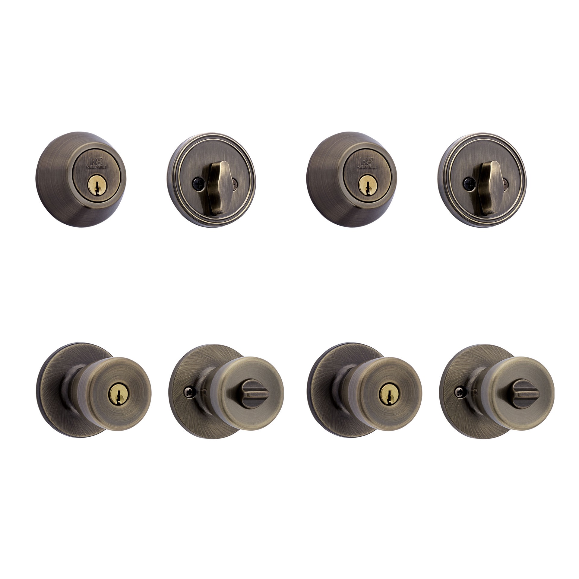 slide 1 of 6, RELIABILT Gallo Antique Brass Exterior Single-Cylinder Deadbolt and Keyed Entry Door Knob 2 -Pack, 1 ct