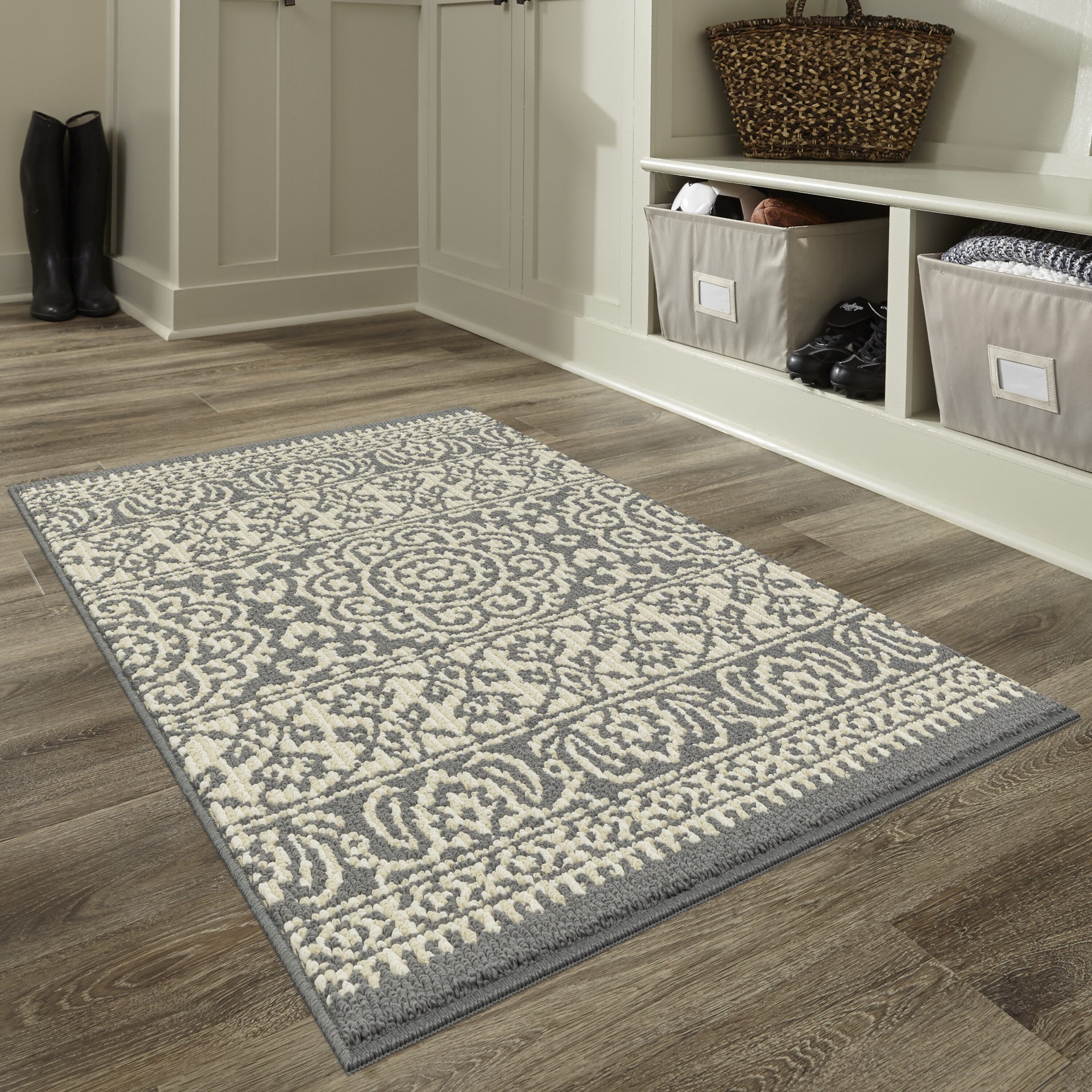slide 1 of 6, Style Selections Bolton 2 x 3 (ft) Tufted Polyester Gray/Cream Rectangular Indoor Geometric Machine washable Throw rug, 1 ct