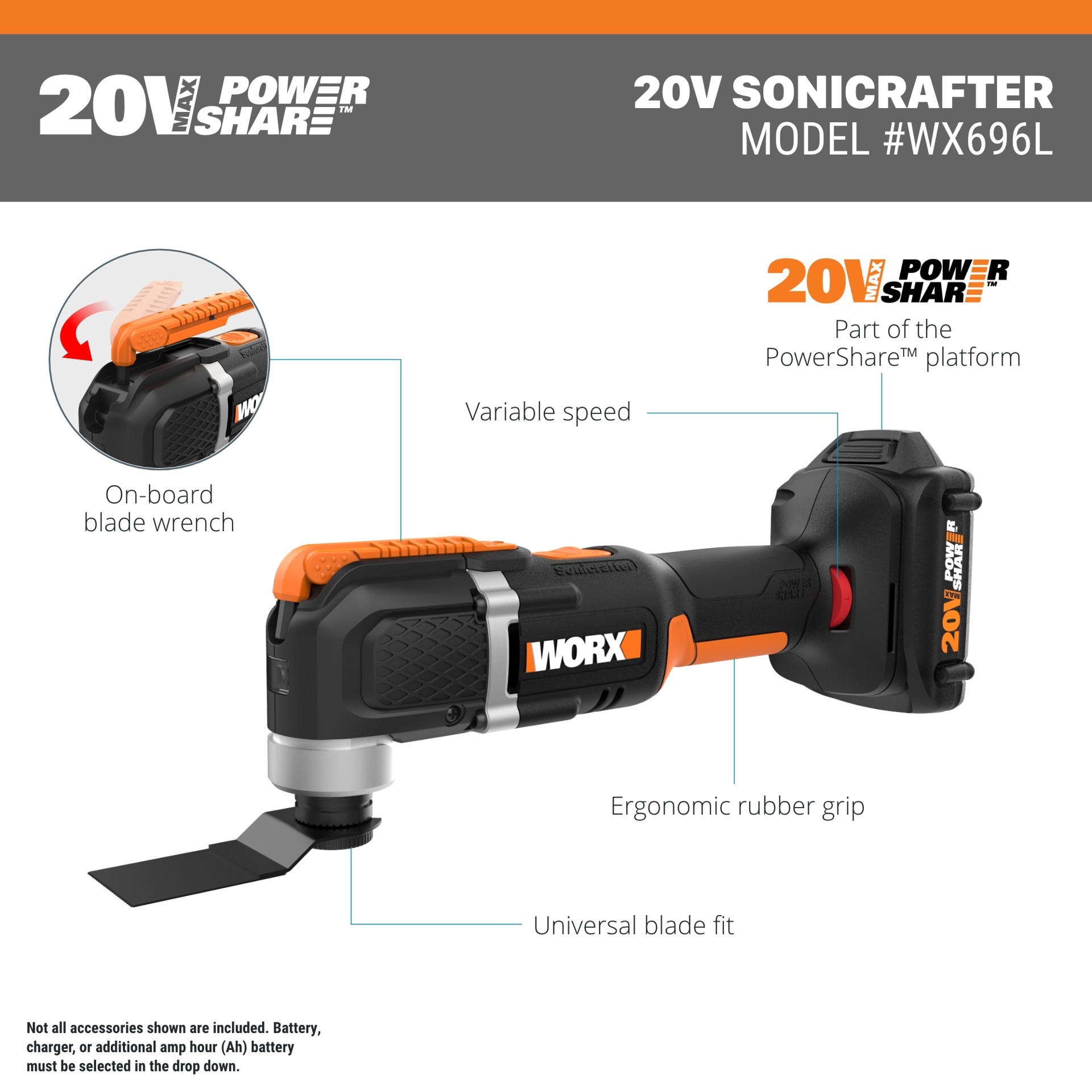 slide 6 of 6, WORX POWER SHARE Cordless 20-volt Max Variable Speed 25-Piece Oscillating Multi-Tool Kit with Soft Case (1-Battery Included), 1 ct