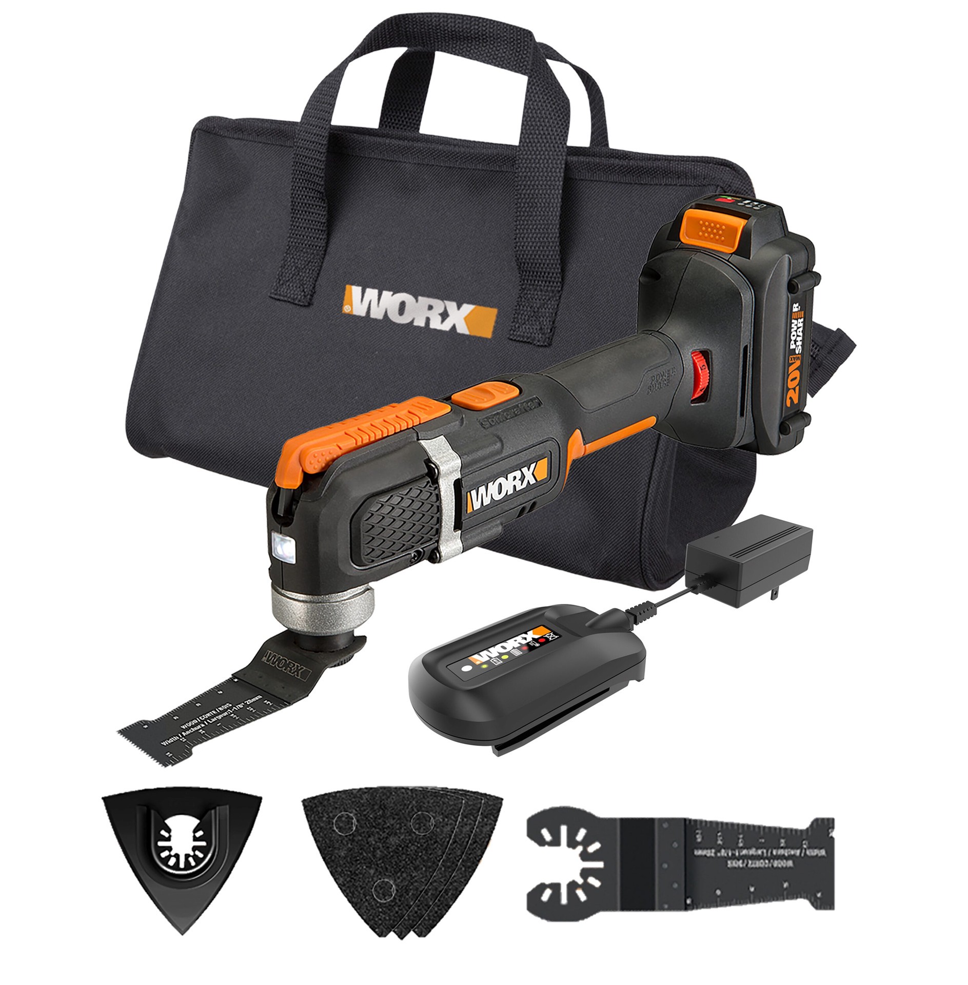 slide 1 of 6, WORX POWER SHARE Cordless 20-volt Max Variable Speed 25-Piece Oscillating Multi-Tool Kit with Soft Case (1-Battery Included), 1 ct