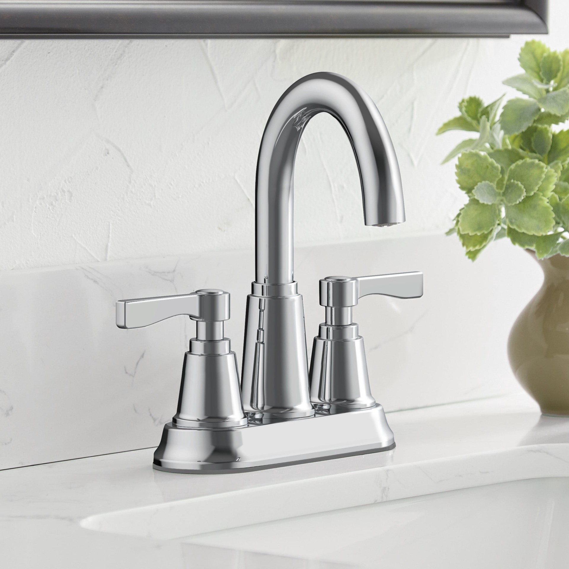 slide 1 of 6, allen + roth Townley Polished Chrome 4-in centerset 2-handle WaterSense High-arc Residential Handle Bathroom Sink Faucet with Drain with Deck Plate, 1 ct