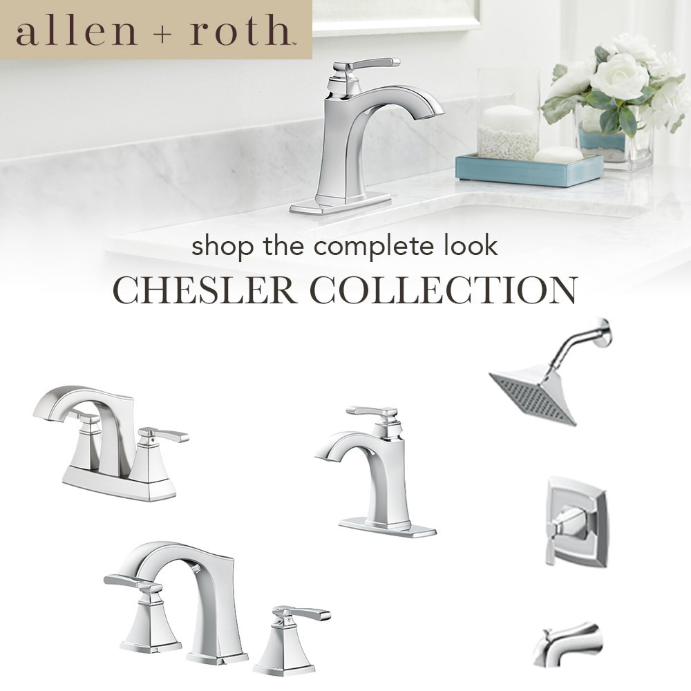 slide 2 of 6, allen + roth Chesler Polished Chrome 4-in centerset 2-handle WaterSense High-arc Residential Handle Bathroom Sink Faucet with Drain with Deck Plate, 1 ct