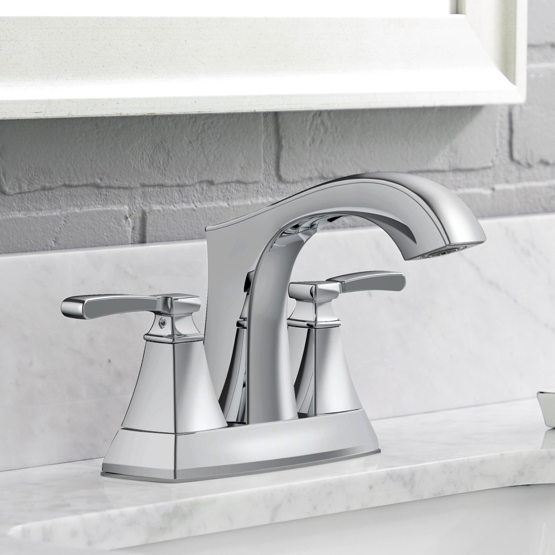 slide 1 of 6, allen + roth Chesler Polished Chrome 4-in centerset 2-handle WaterSense High-arc Residential Handle Bathroom Sink Faucet with Drain with Deck Plate, 1 ct