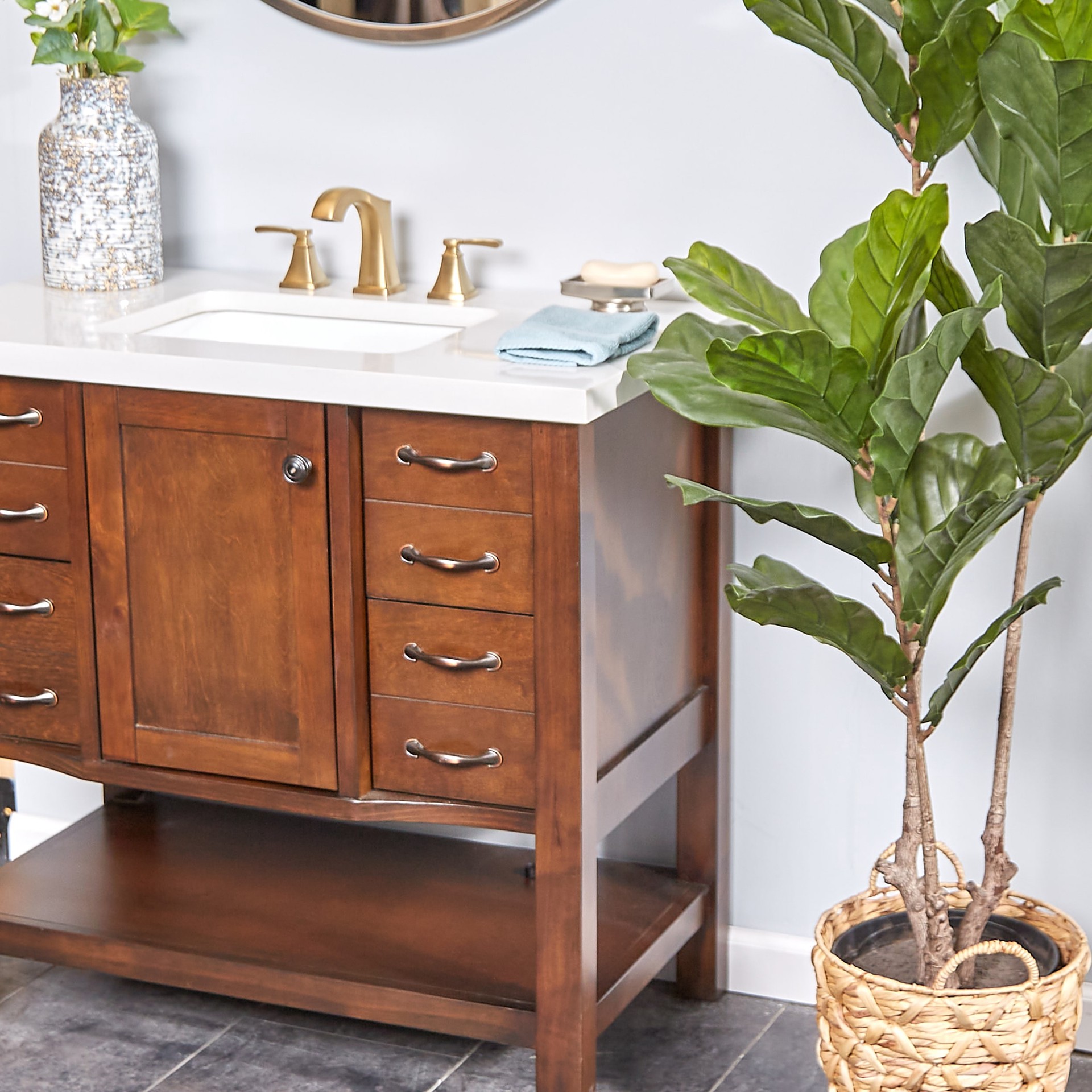 slide 3 of 6, allen + roth Chesler Brushed Gold Widespread 2-handle WaterSense Mid-arc Residential Handle Bathroom Sink Faucet with Drain, 1 ct