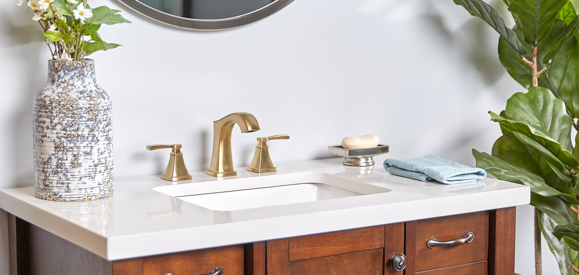 slide 4 of 6, allen + roth Chesler Brushed Gold Widespread 2-handle WaterSense Mid-arc Residential Handle Bathroom Sink Faucet with Drain, 1 ct
