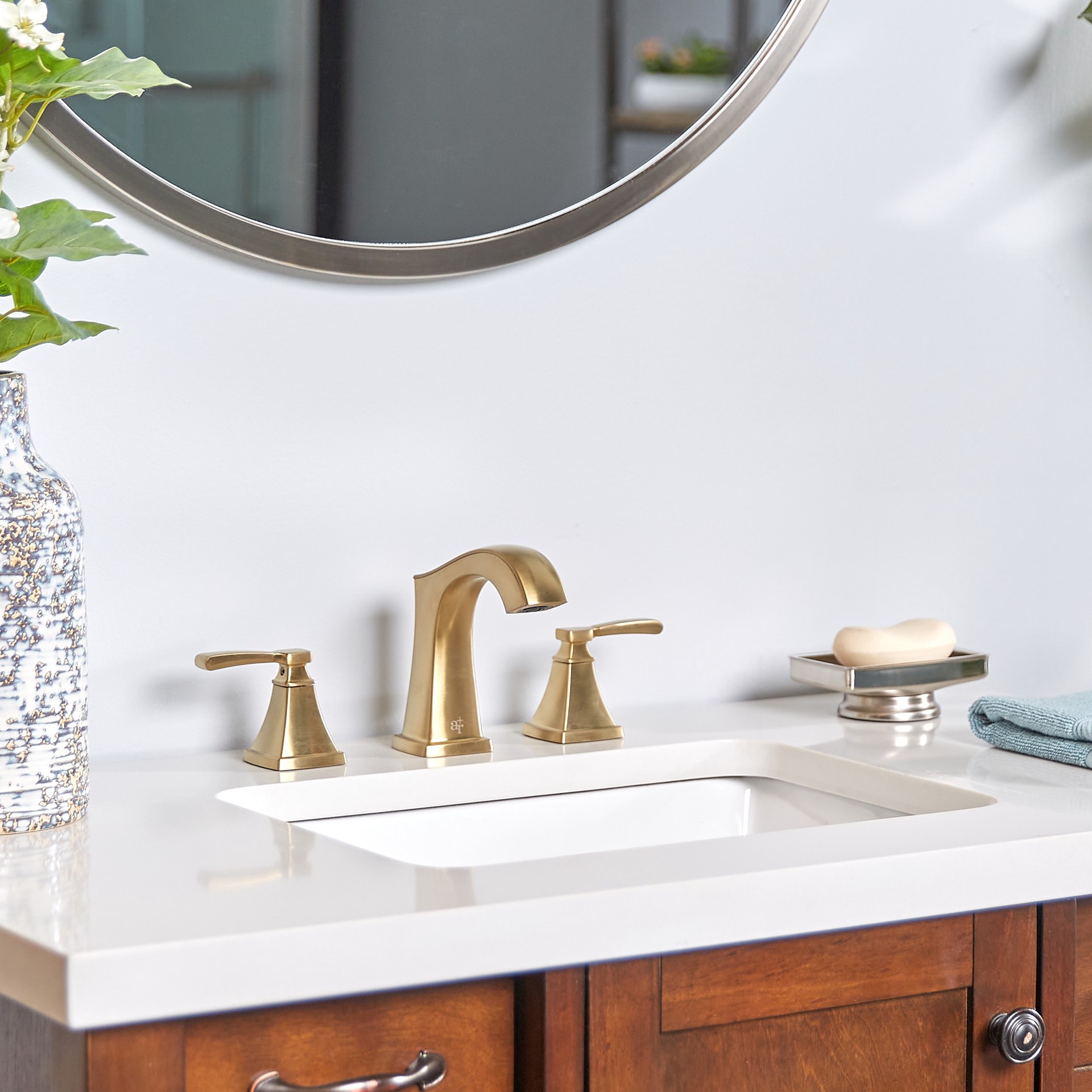 slide 5 of 6, allen + roth Chesler Brushed Gold Widespread 2-handle WaterSense Mid-arc Residential Handle Bathroom Sink Faucet with Drain, 1 ct