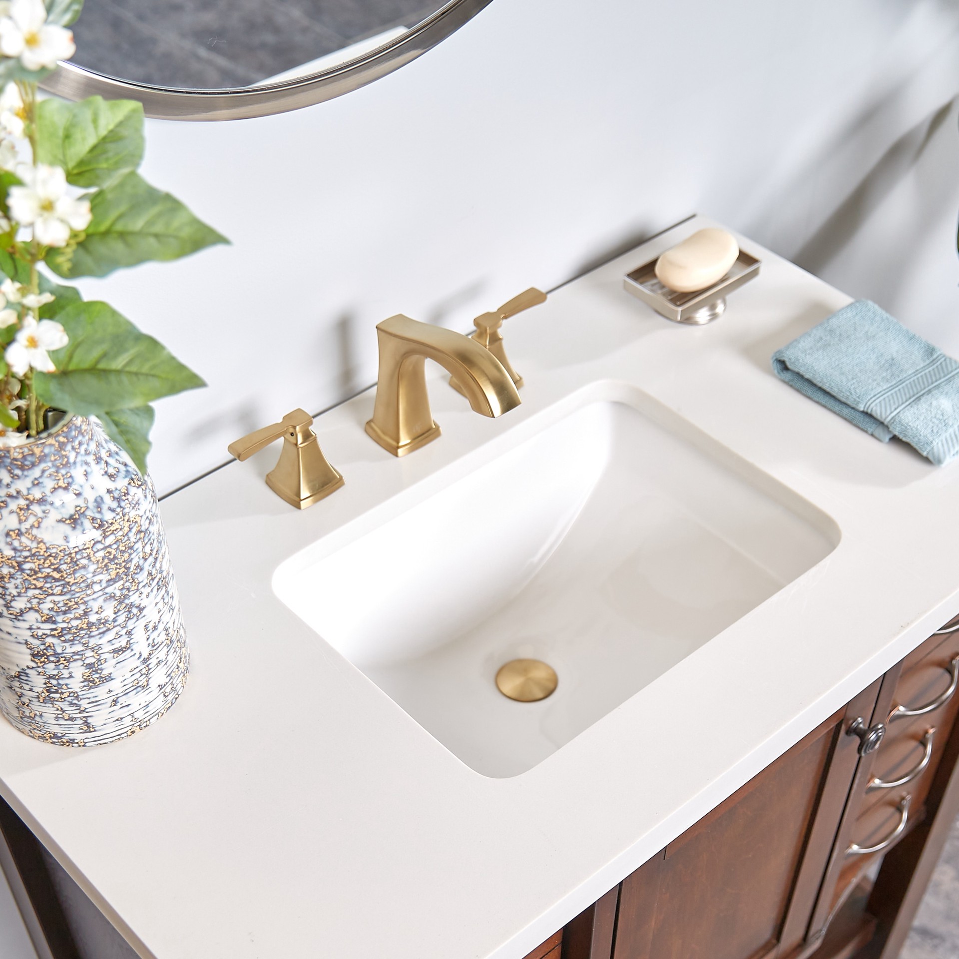 slide 6 of 6, allen + roth Chesler Brushed Gold Widespread 2-handle WaterSense Mid-arc Residential Handle Bathroom Sink Faucet with Drain, 1 ct