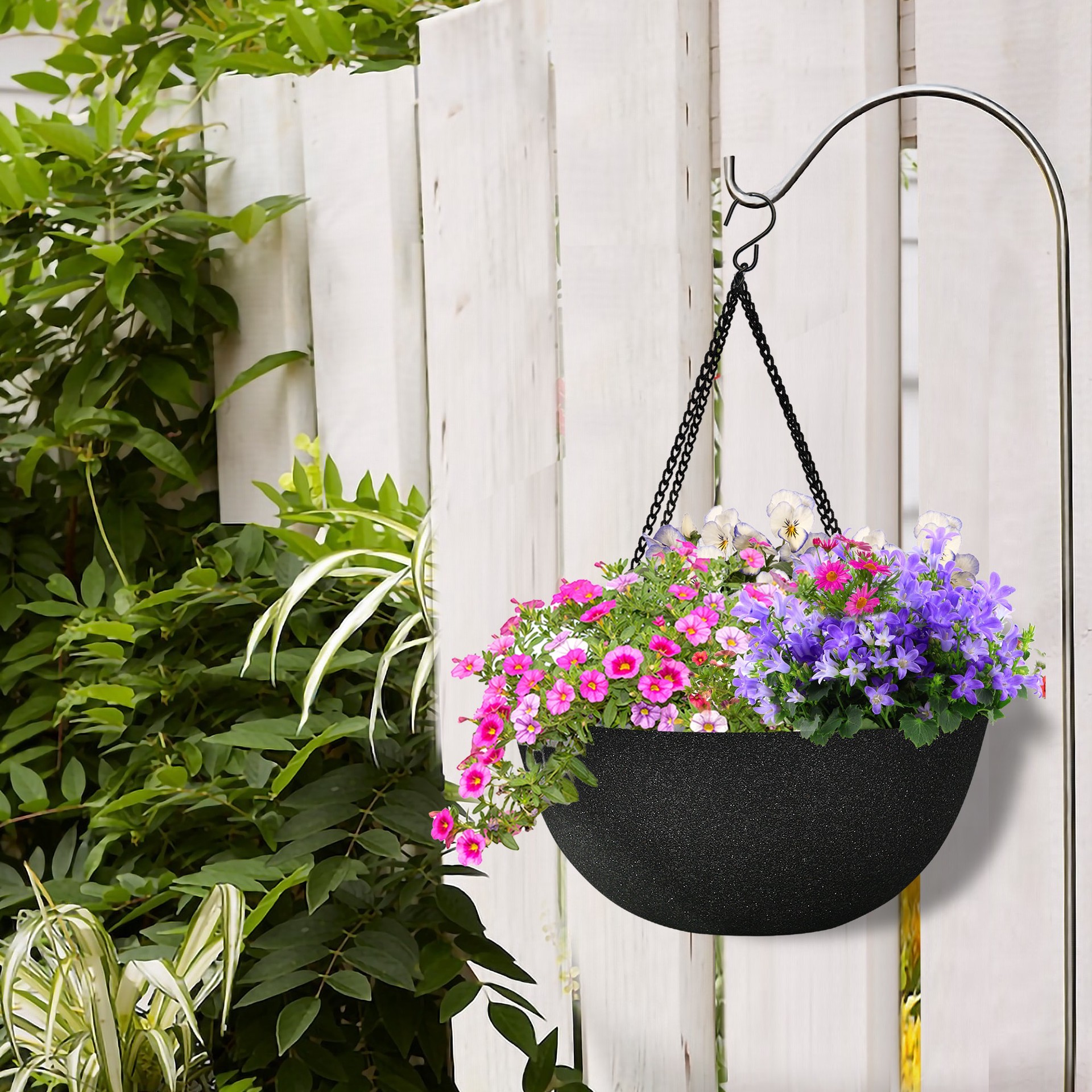 slide 2 of 6, allen + roth Round 13.15-in W x 13.15-in L Black Resin Indoor/Outdoor Hanging planter, 1 ct