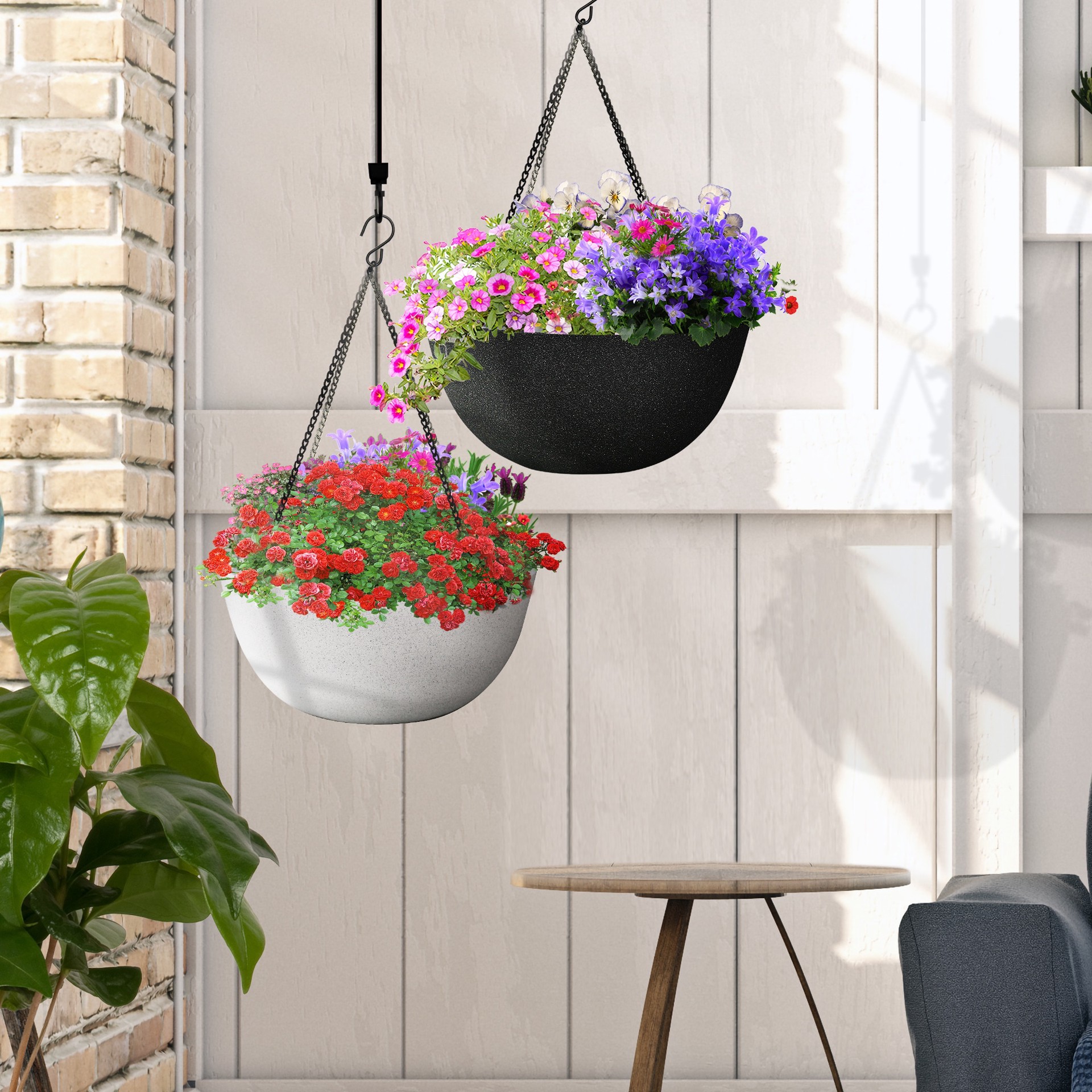 slide 6 of 6, allen + roth Round 13.15-in W x 13.15-in L White Resin Indoor/Outdoor Hanging planter, 1 ct