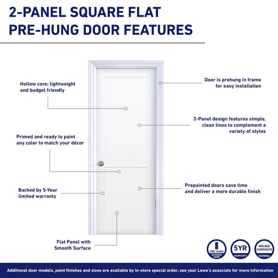 slide 2 of 6, RELIABILT 32-in x 80-in Hollow Core 2-panel Square Right Hand Smooth Molded Composite Split Jamb Single Prehung Interior Door (356 Casing), 1 ct