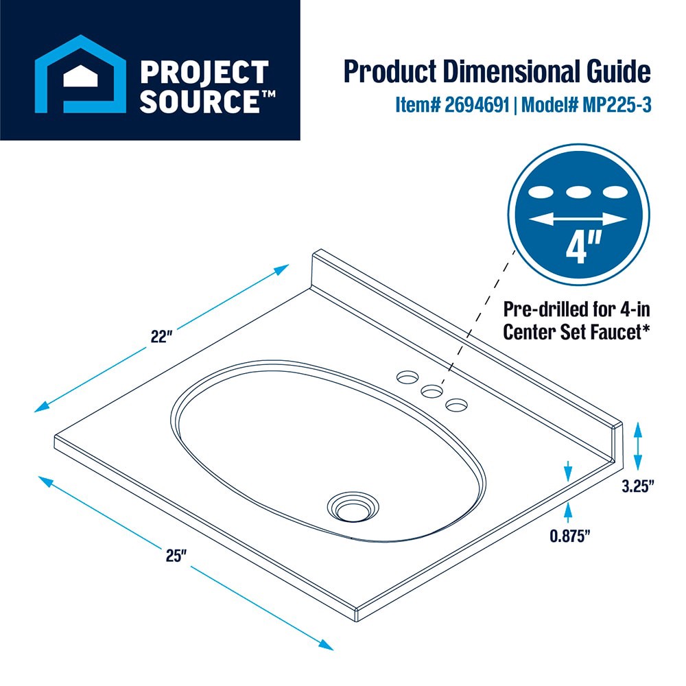 slide 5 of 6, Project Source 25-in x 22-in White Cultured Marble Single Sink 4-in Centerset Faucet Mount Bathroom Vanity Top, 1 ct