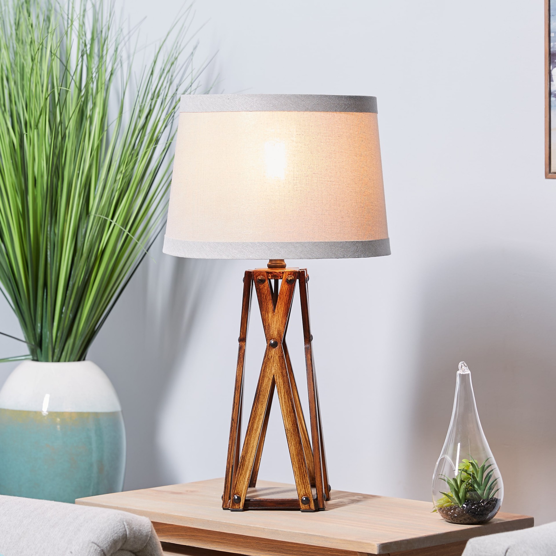 slide 5 of 6, allen + roth 9-in x 13-in Gray Fabric Drum Lamp Shade, 1 ct