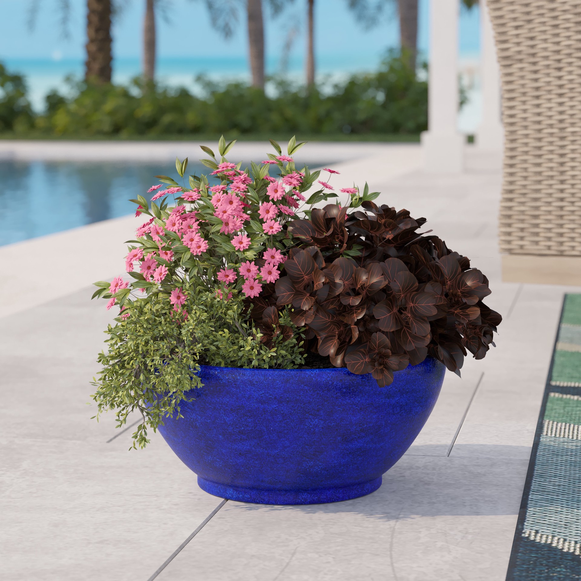slide 3 of 5, allen + roth Round 13.0-in W x 13.0-in L Blue Ceramic Indoor/Outdoor Low bowl planter, 1 ct