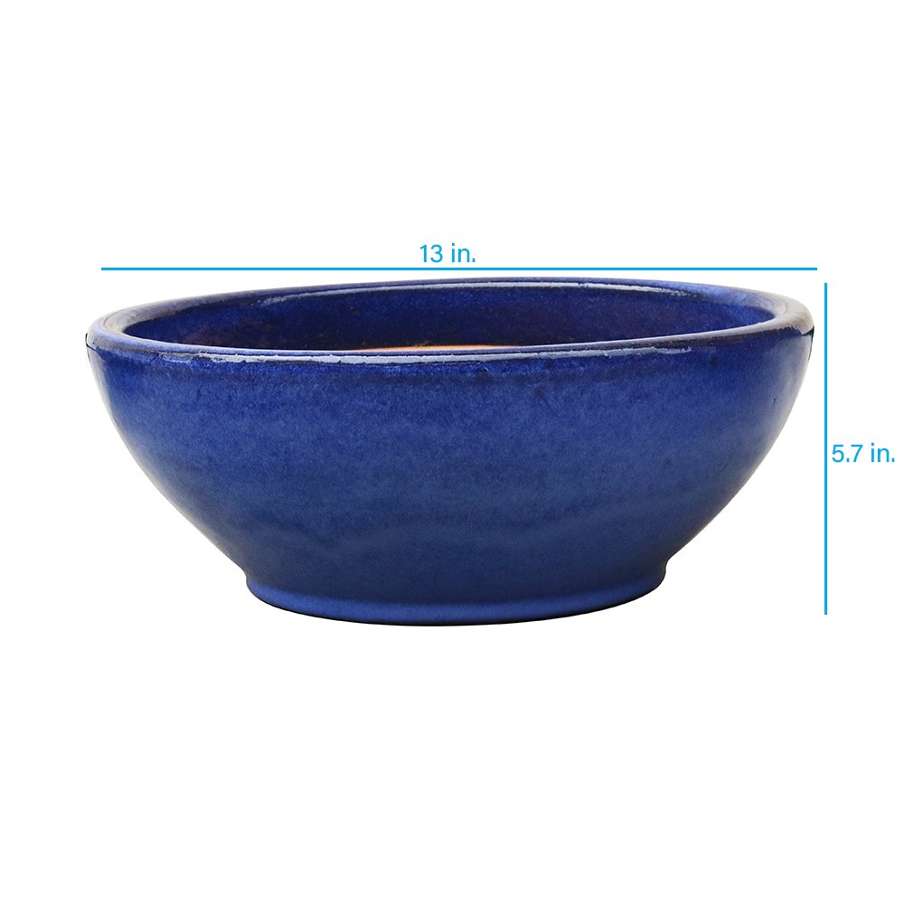 slide 4 of 4, allen + roth Round 13.0-in W x 13.0-in L Blue Ceramic Indoor/Outdoor Low bowl planter, 1 ct