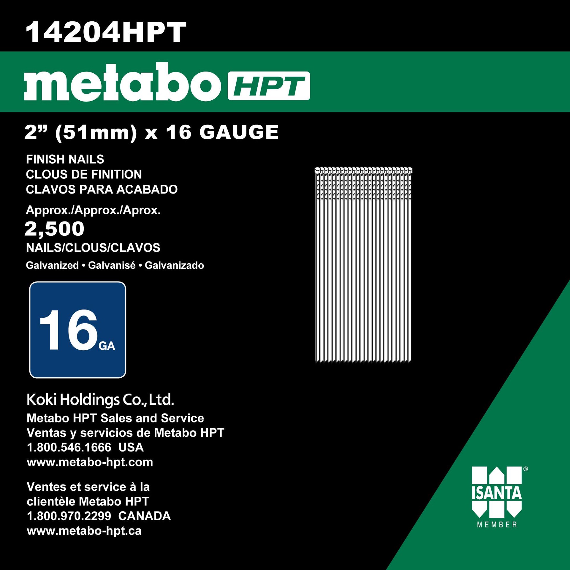 slide 3 of 5, Metabo HPT 2-in 16 -Gauge 6d Straight Galvanized Collated Finish nails 2500 -Per Box, 1 ct