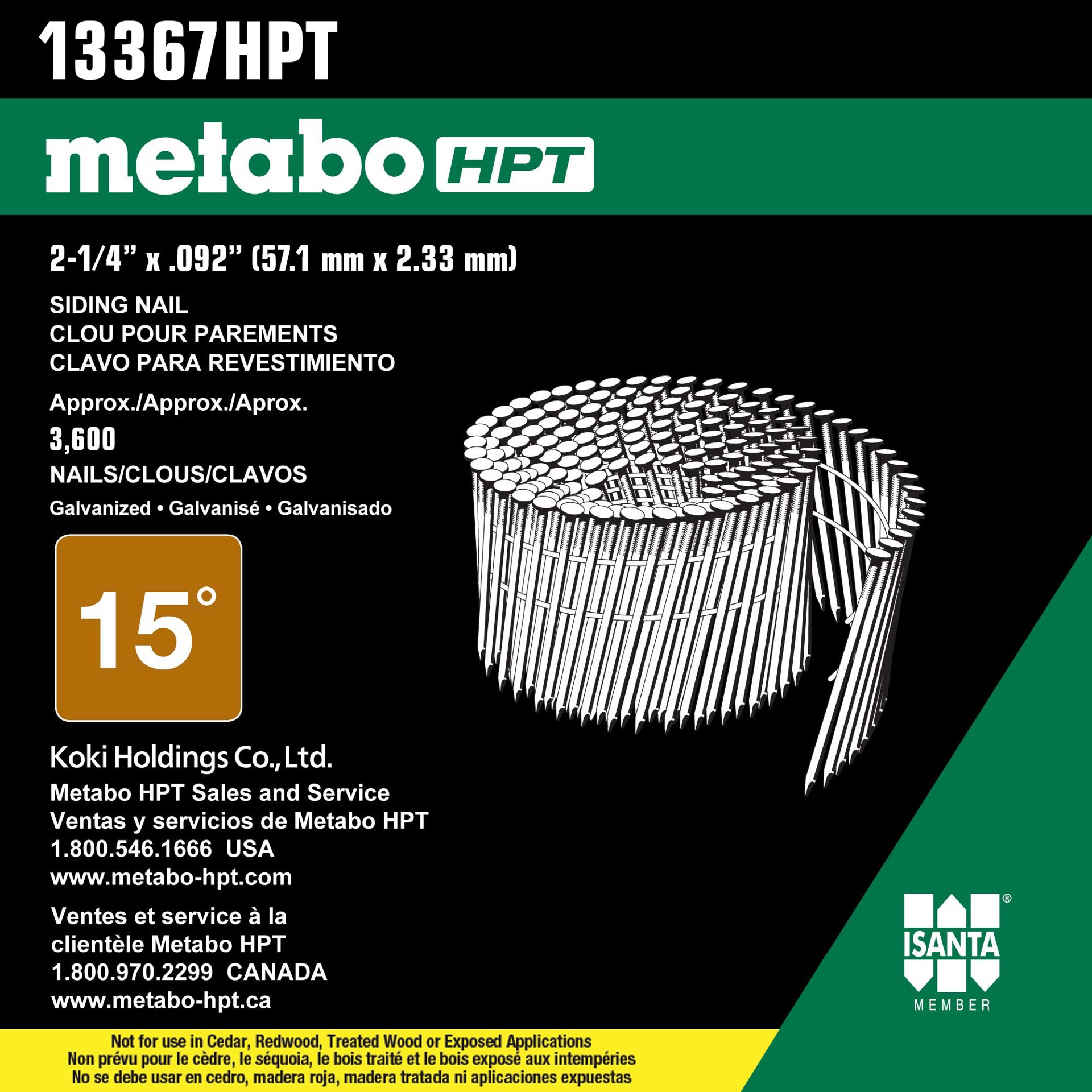 slide 3 of 5, Metabo HPT 2-1/4-in 15 -Degree Hot-dipped galvanized Ring Shank Wire Collated Siding Nails 3600 -Per Box, 1 ct