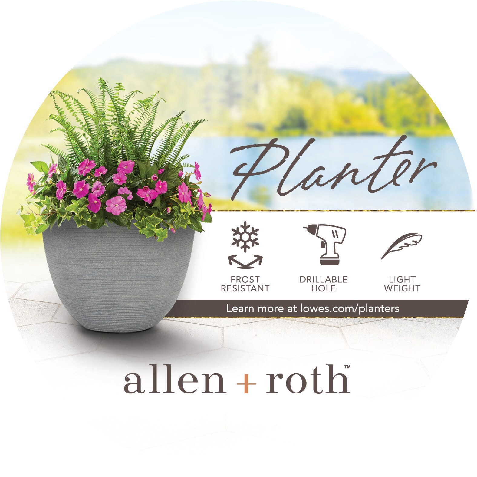 slide 6 of 6, allen + roth Round 15.91-in W x 15.91-in L Gray Resin Indoor/Outdoor Planter, 1 ct