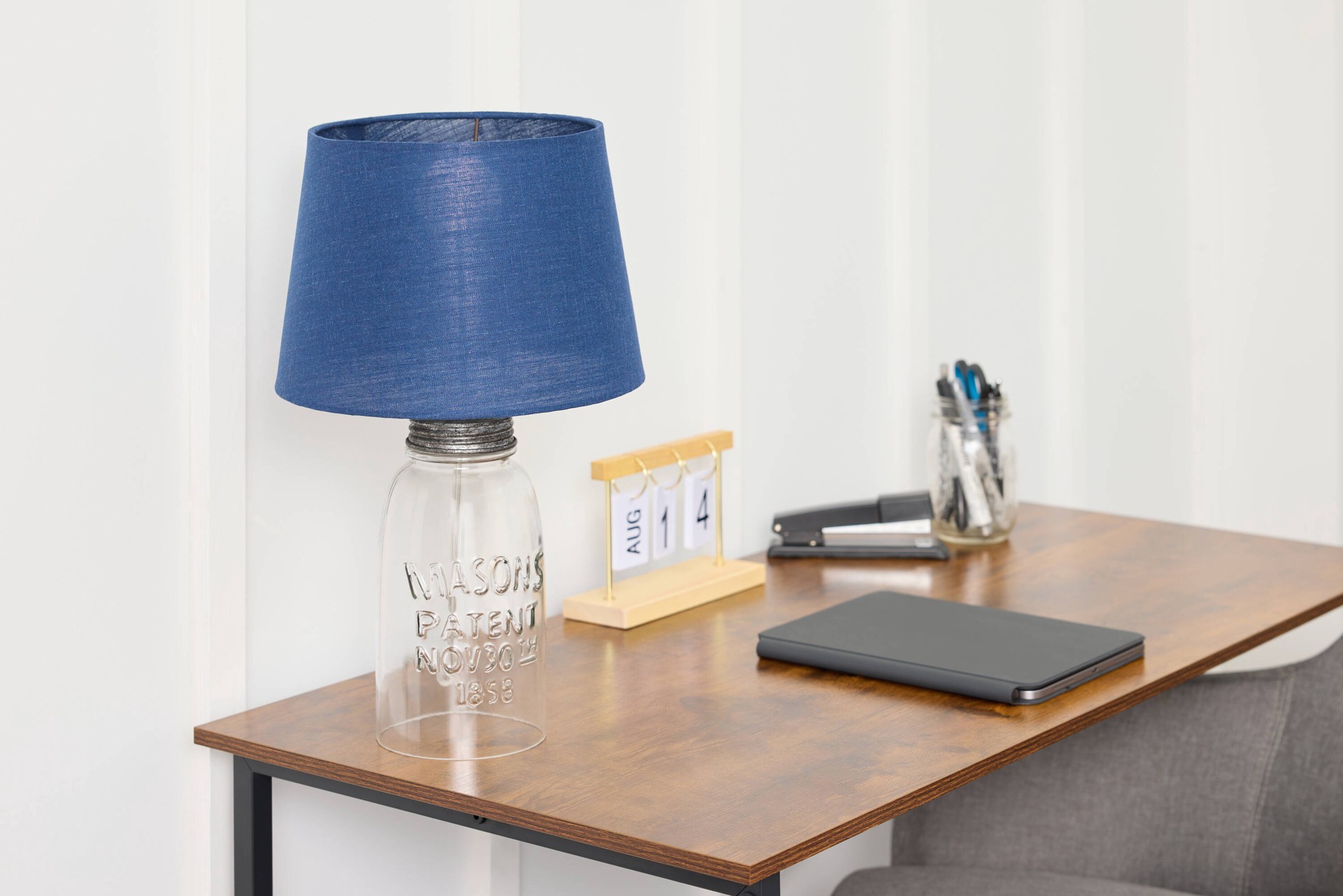 slide 2 of 6, allen + roth 7-in x 10-in Navy Fabric Drum Lamp Shade, 1 ct