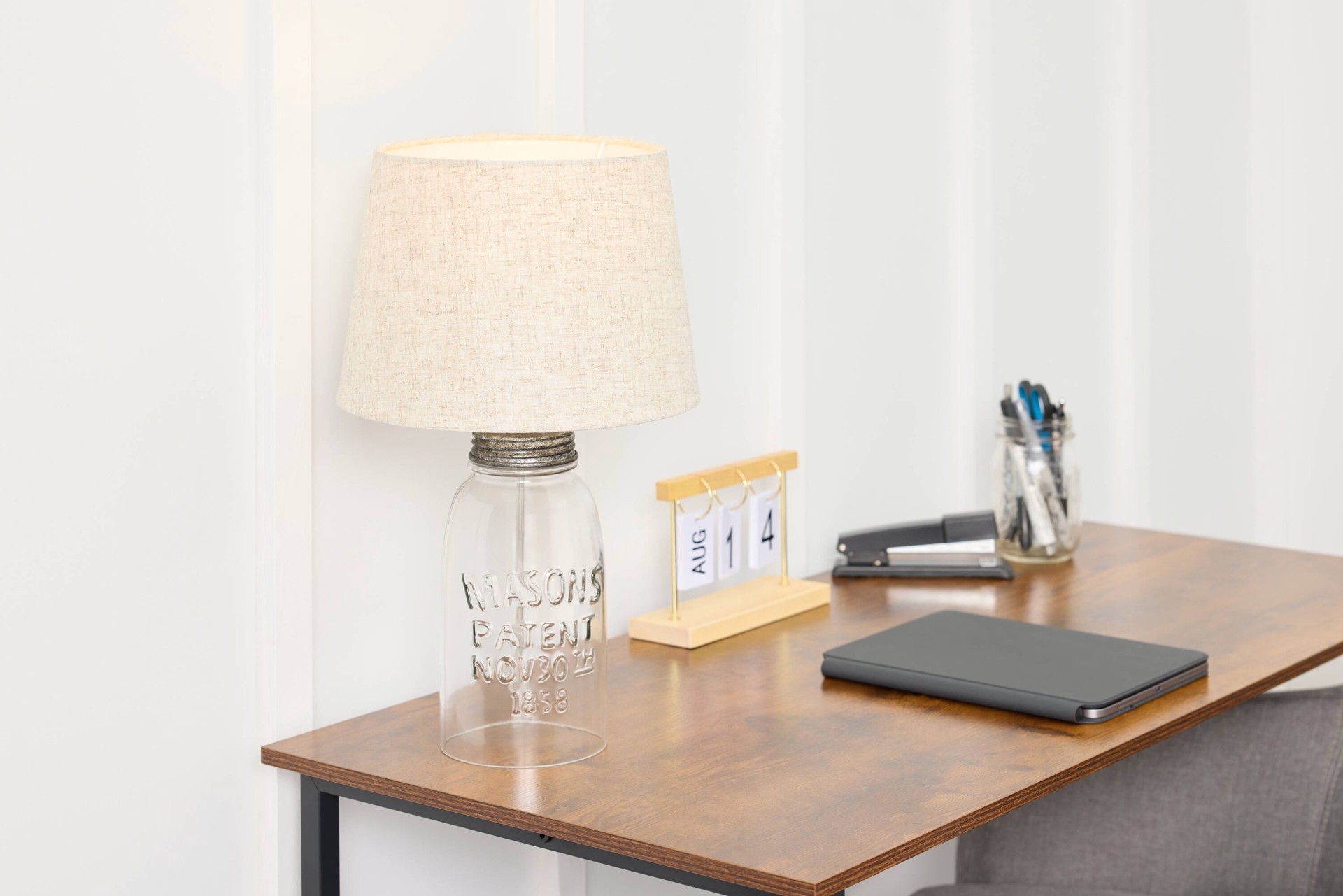 slide 4 of 6, allen + roth 7-in x 10-in Navy Fabric Drum Lamp Shade, 1 ct