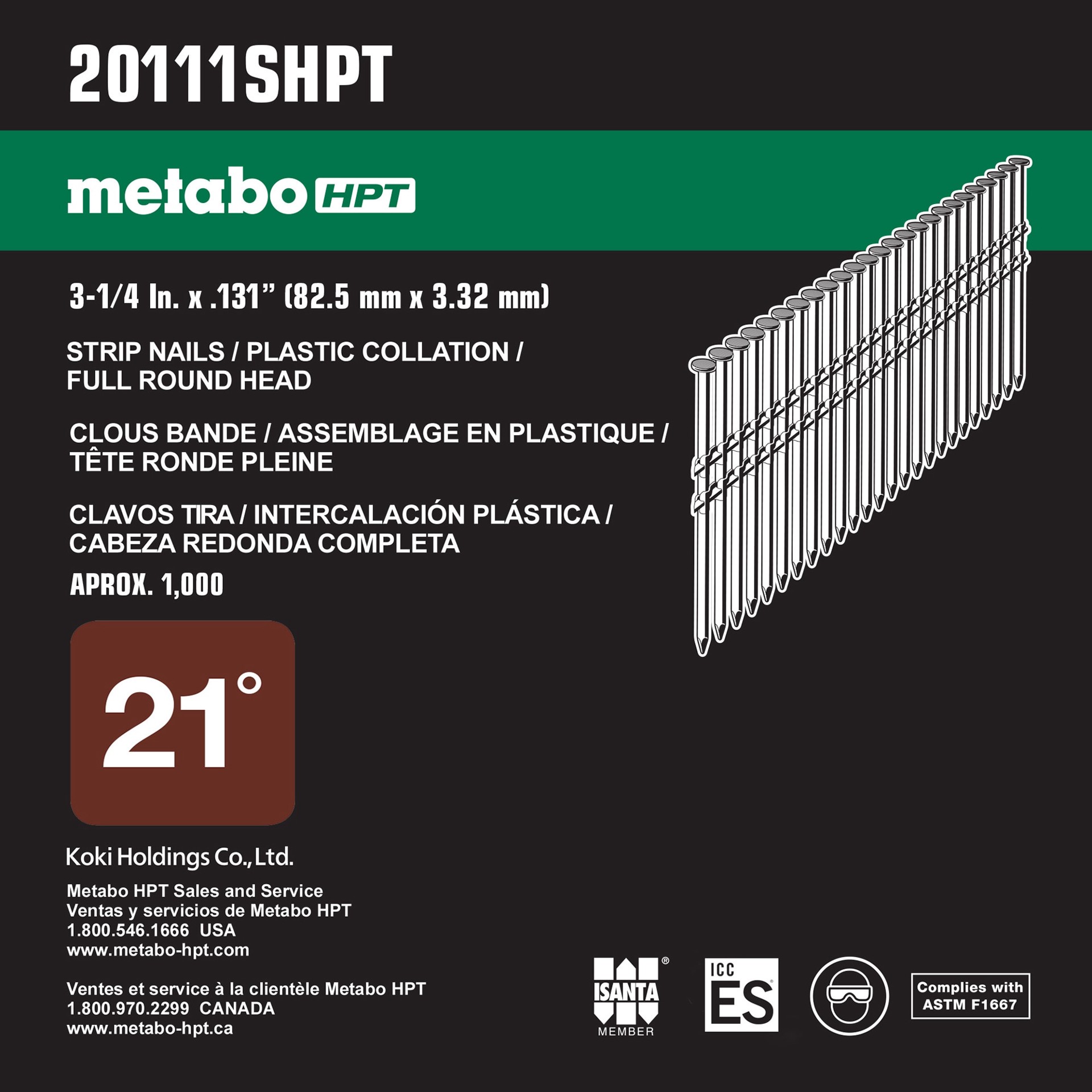 slide 3 of 6, Metabo HPT 3-1/4-in x 0.131-in 21 -Degree 12d Bright Smooth Shank Collated Framing nails ( 1000 -Per Box ), 1 ct