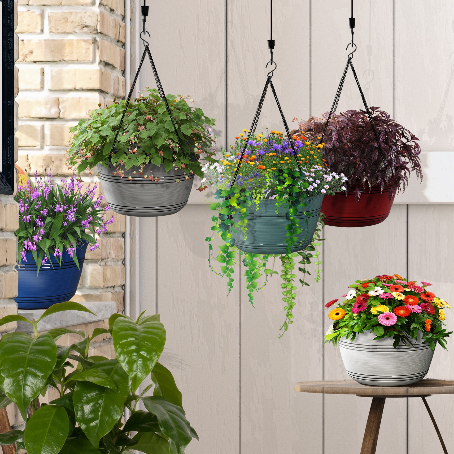 slide 3 of 6, Style Selections Round 11.34-in W x 6.34-in H x Blue Resin Contemporary/Modern Indoor/Outdoor Hanging planter, 1 ct