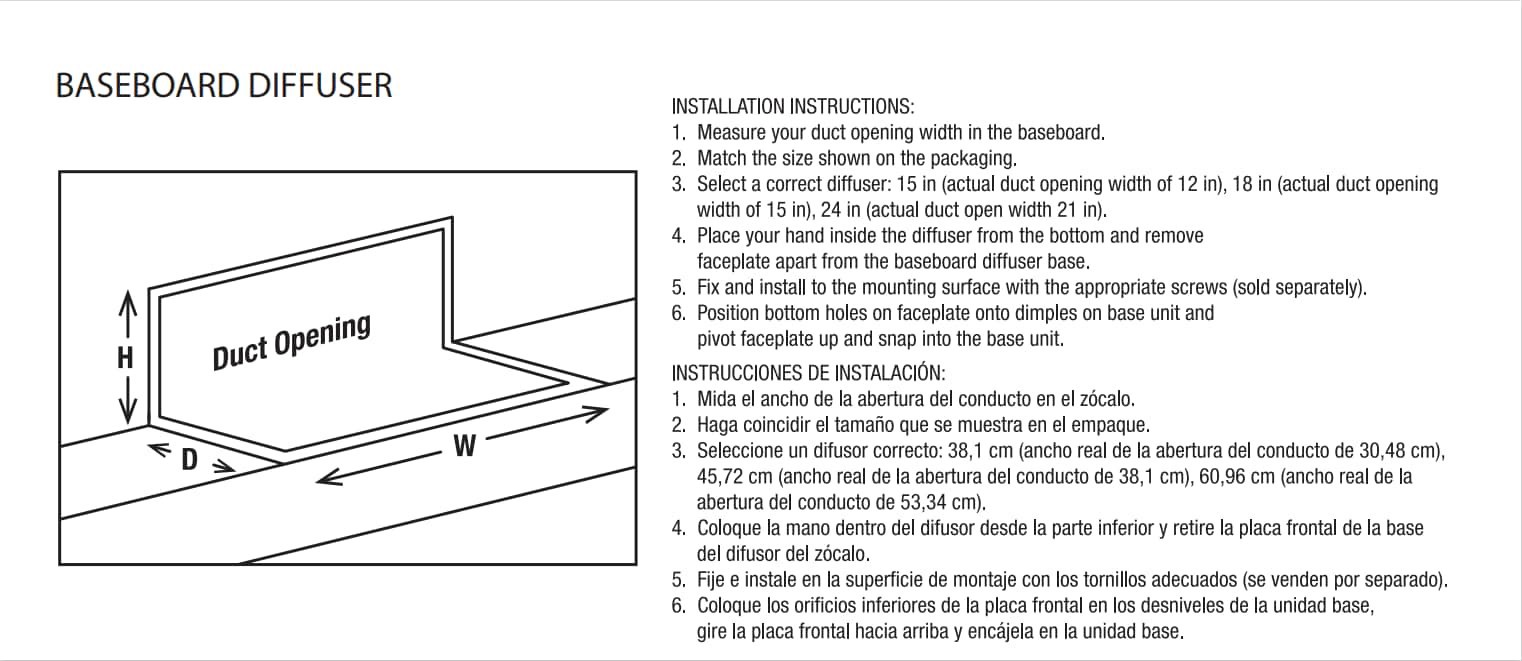 slide 6 of 6, RELIABILT 2-1/2-in x 15-in 180-degrees Steel White Baseboard diffuser ( Outside Width- 18-in ), 1 ct