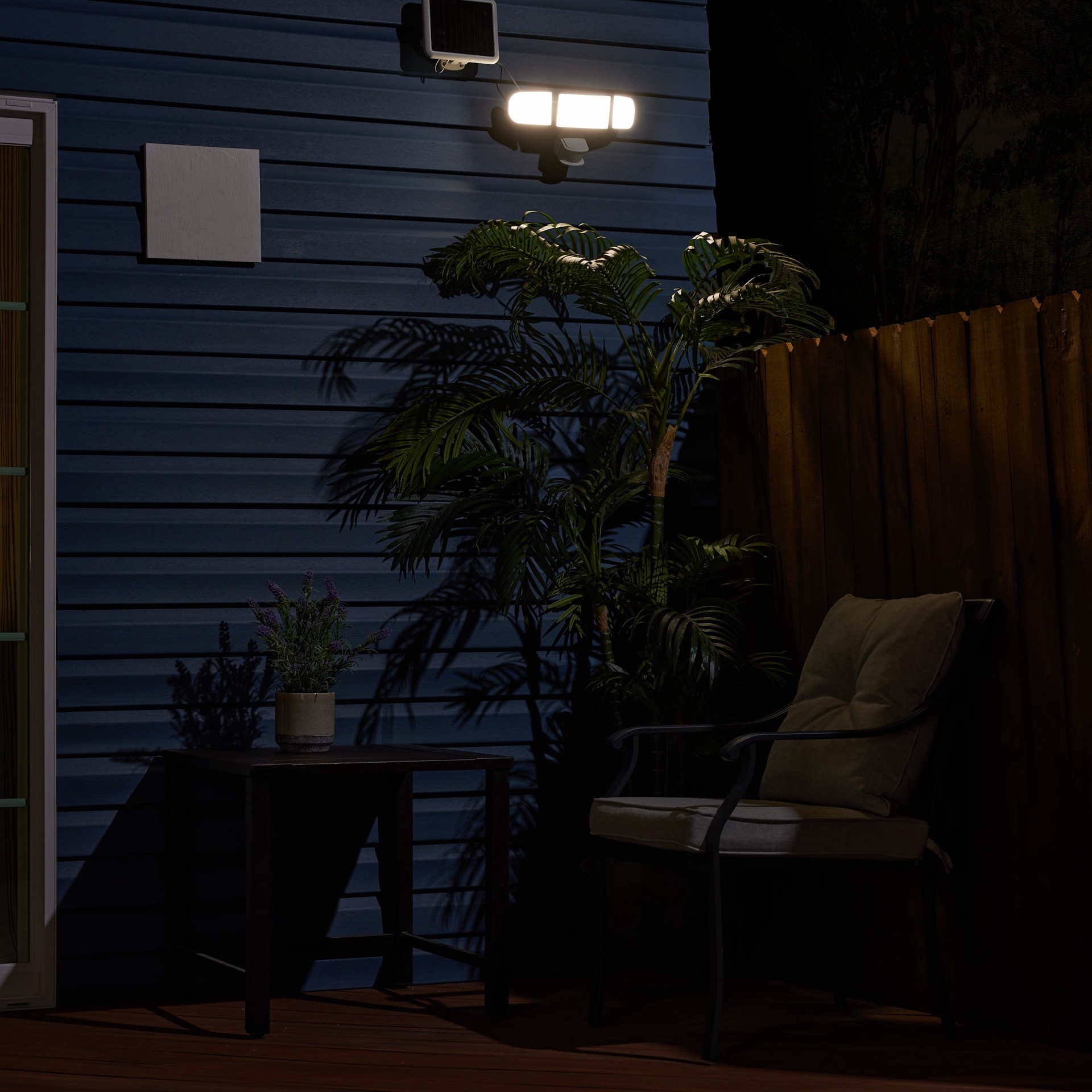 slide 5 of 6, Utilitech 240 -Degree 150 -Wattage Equivalent Solar LED White 3 -Head Motion-Activated Flood Light with Timer 2000 -Lumen, 1 ct