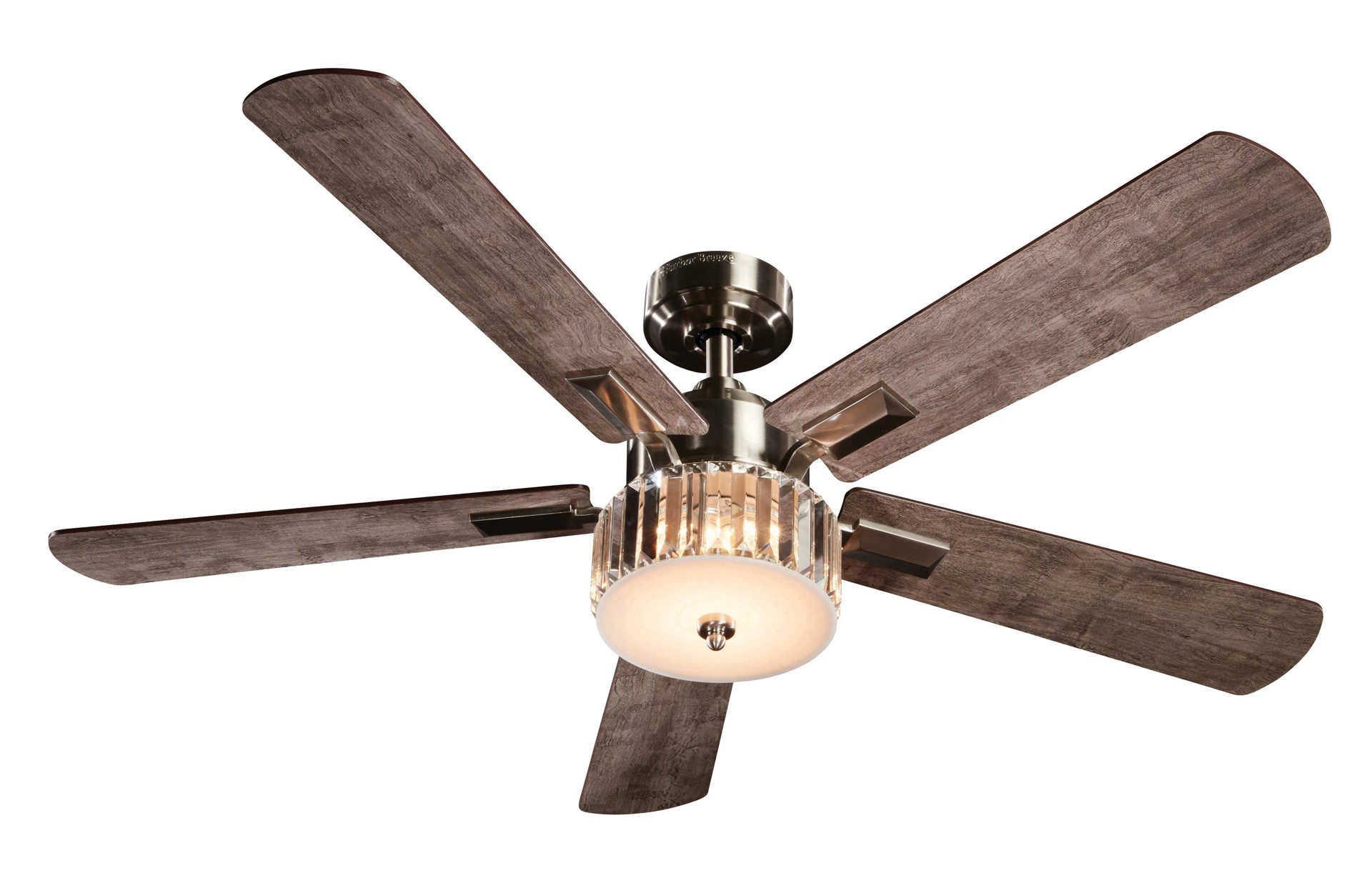 slide 3 of 6, Harbor Breeze Elms 52-in Brushed Nickel with Gray/Walnut Blades Color-Changing Integrated LED Ceiling Fan With Light 5 -Blade, 1 ct