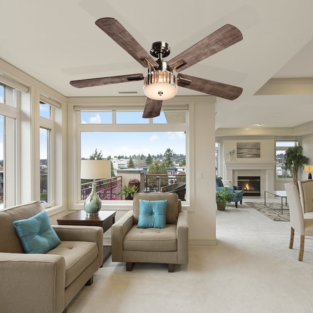 slide 4 of 6, Harbor Breeze Elms 52-in Brushed Nickel with Gray/Walnut Blades Color-Changing Integrated LED Ceiling Fan With Light 5 -Blade, 1 ct