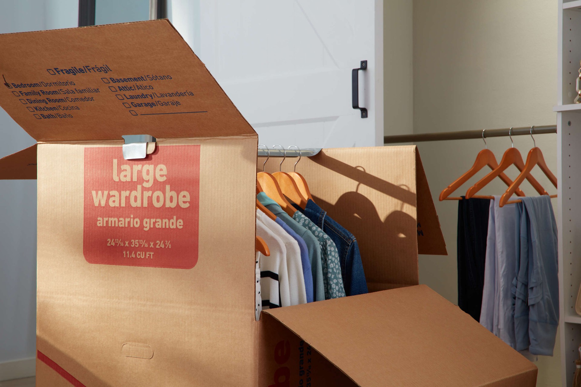 slide 2 of 6, Lowe's 24.4-in W x 35.8-in H x 24.8-in D With Metal Bar Large Cardboard Wardrobe Moving Box with Handle Holes, 1 ct