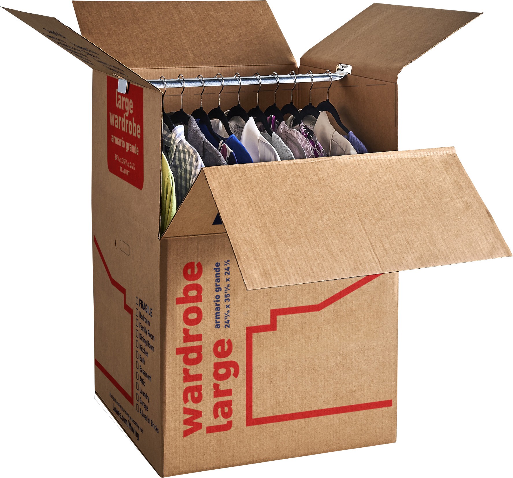 slide 4 of 6, Lowe's 24.4-in W x 35.8-in H x 24.8-in D With Metal Bar Large Cardboard Wardrobe Moving Box with Handle Holes, 1 ct