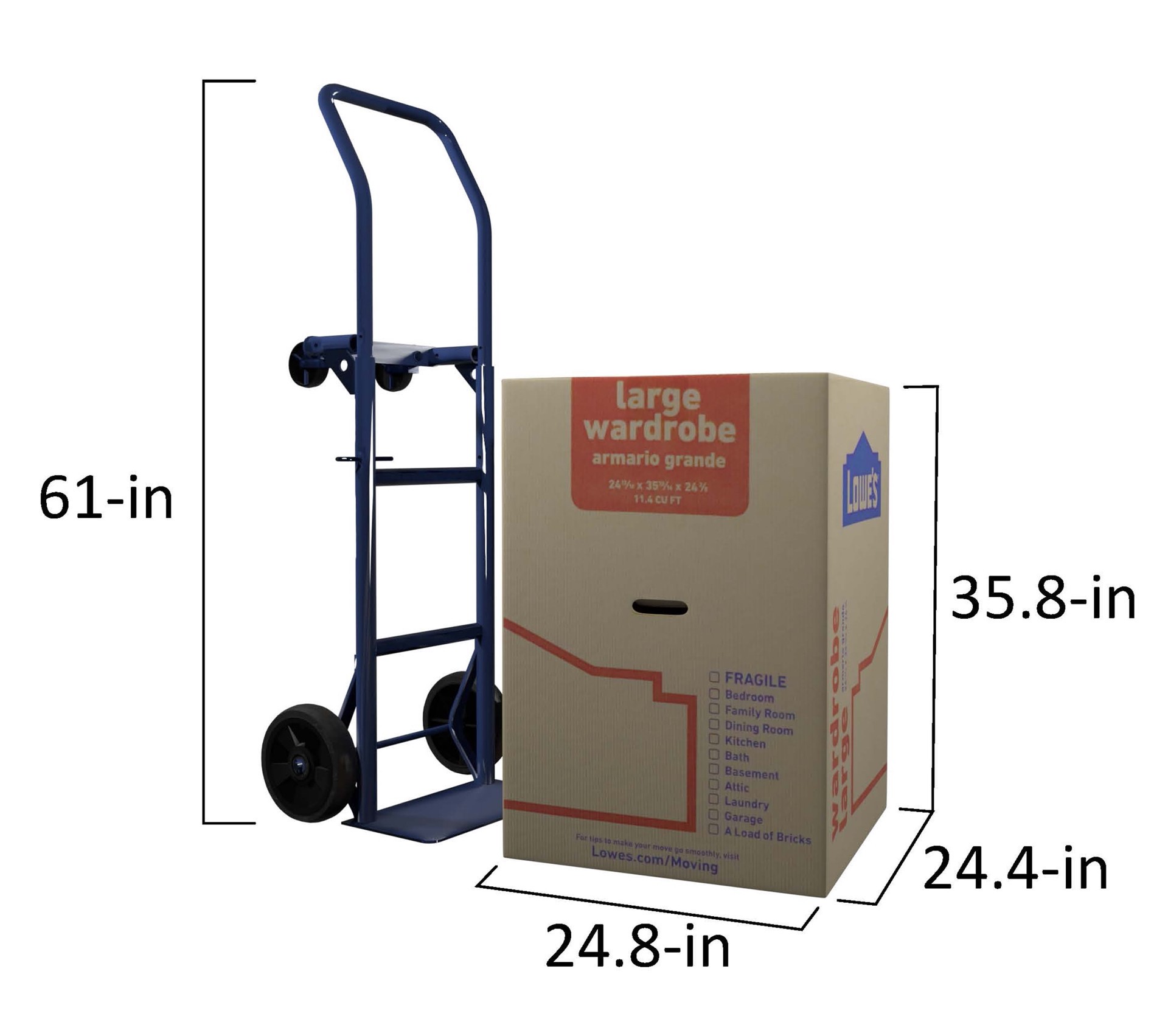 slide 5 of 6, Lowe's 24.4-in W x 35.8-in H x 24.8-in D With Metal Bar Large Cardboard Wardrobe Moving Box with Handle Holes, 1 ct