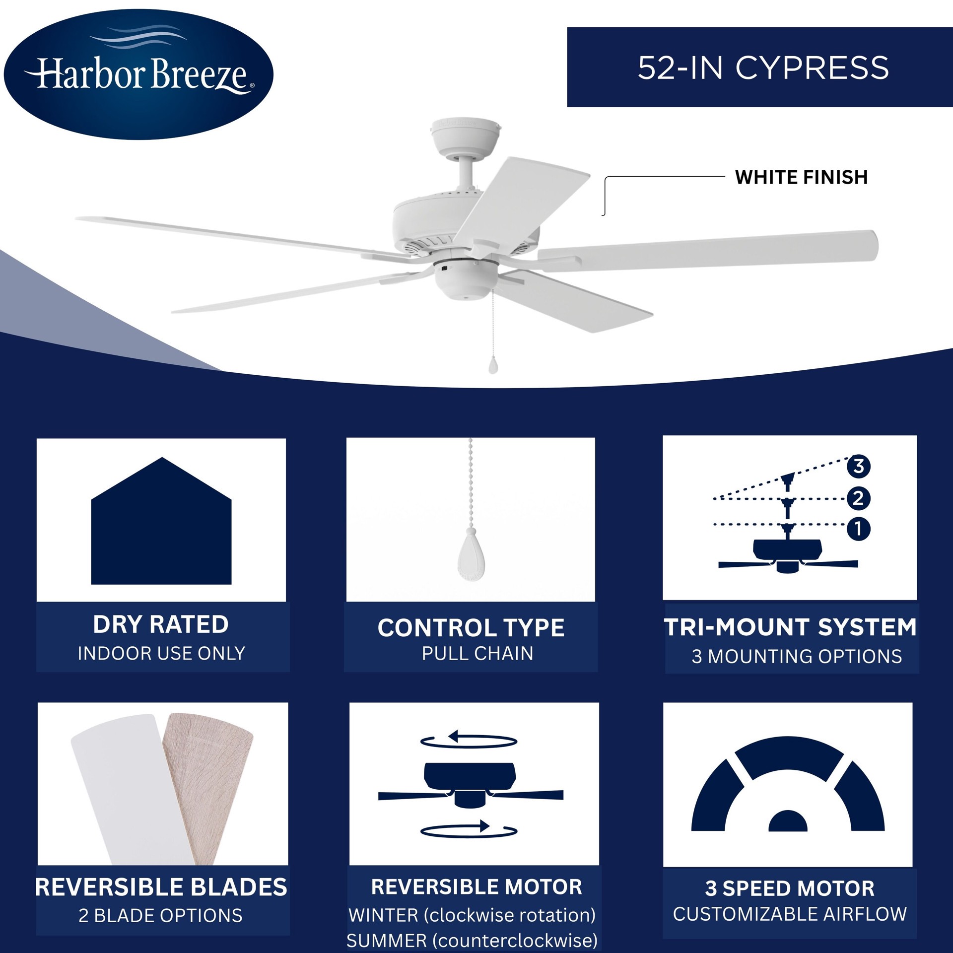 slide 4 of 6, Harbor Breeze Cypress Point 52-in White with White/Driftwood Blades Downrod or Flush Mount Ceiling Fan Light Kit Compatible 5 -Blade, 1 ct