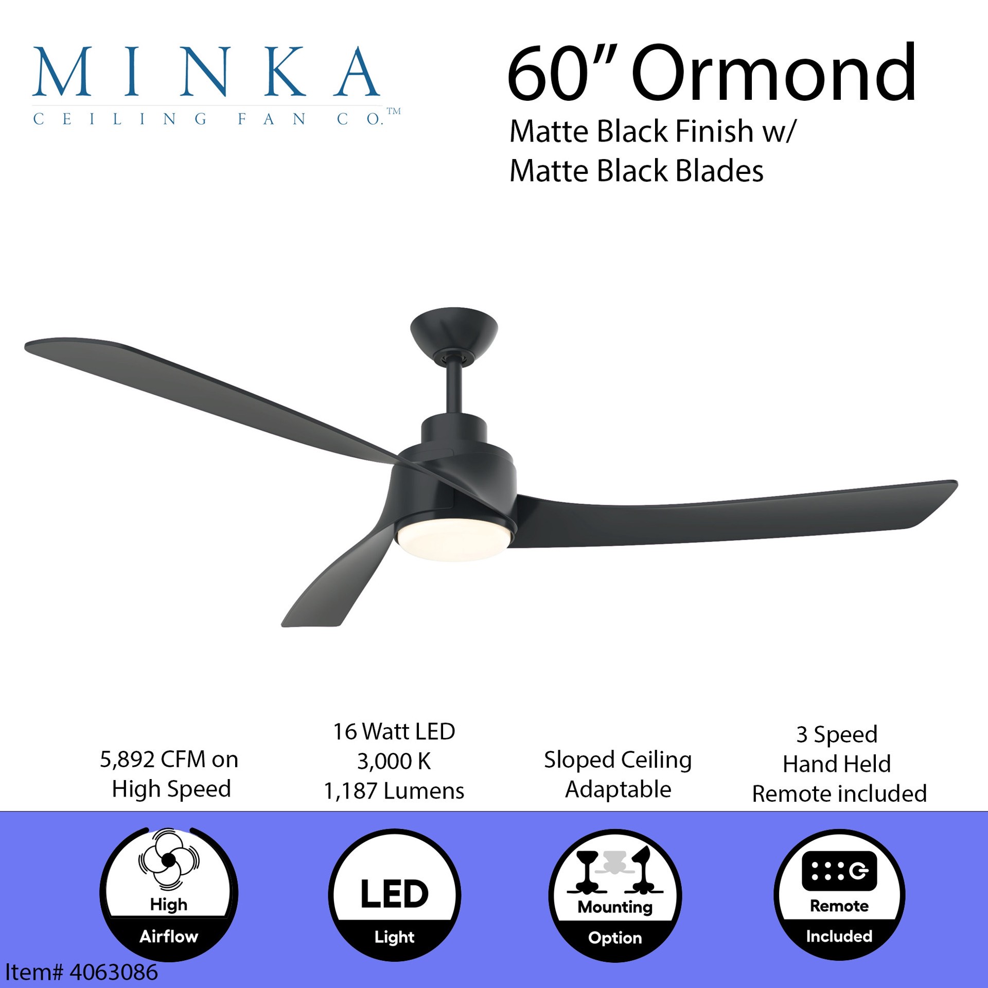 slide 6 of 6, Minka Ceiling Fan Co. Ormond 60-in Matte Black with Black Blades Integrated LED Ceiling Fan With Light and Remote Included 3 -Blade, 1 ct