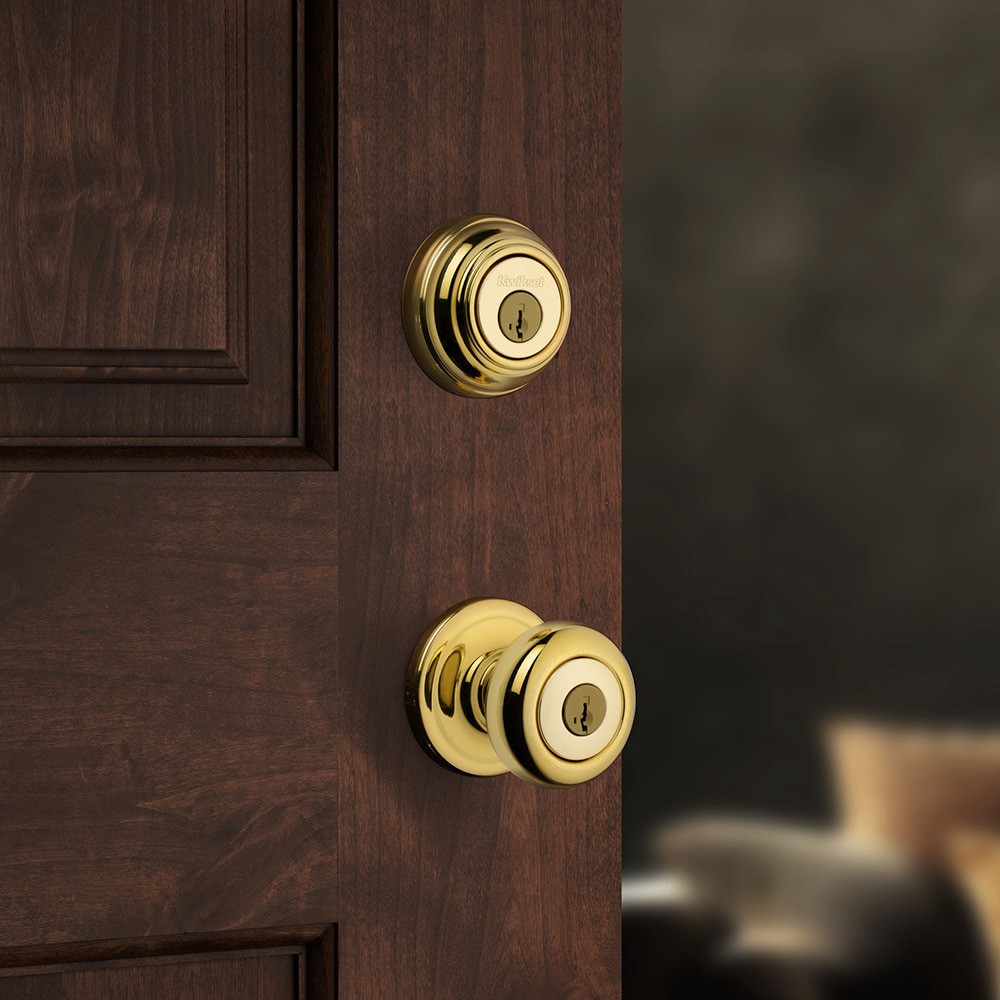 slide 2 of 6, Kwikset Signature Series Juno Polished Brass Exterior Single-Cylinder Deadbolt and Keyed Entry Door Knob Combo Pack, 1 ct