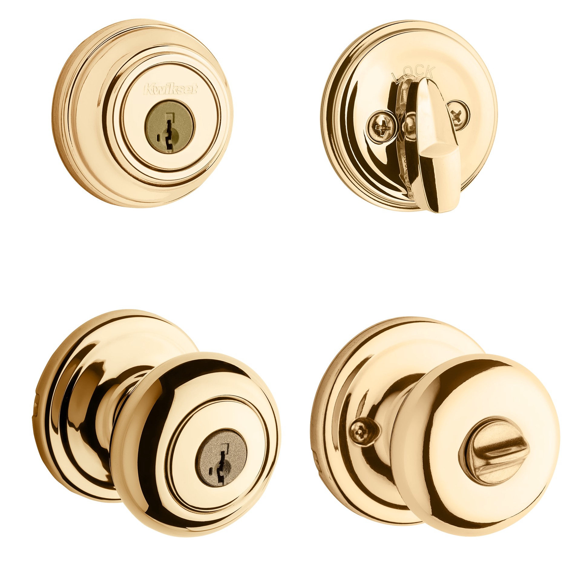 slide 1 of 6, Kwikset Signature Series Juno Polished Brass Exterior Single-Cylinder Deadbolt and Keyed Entry Door Knob Combo Pack, 1 ct