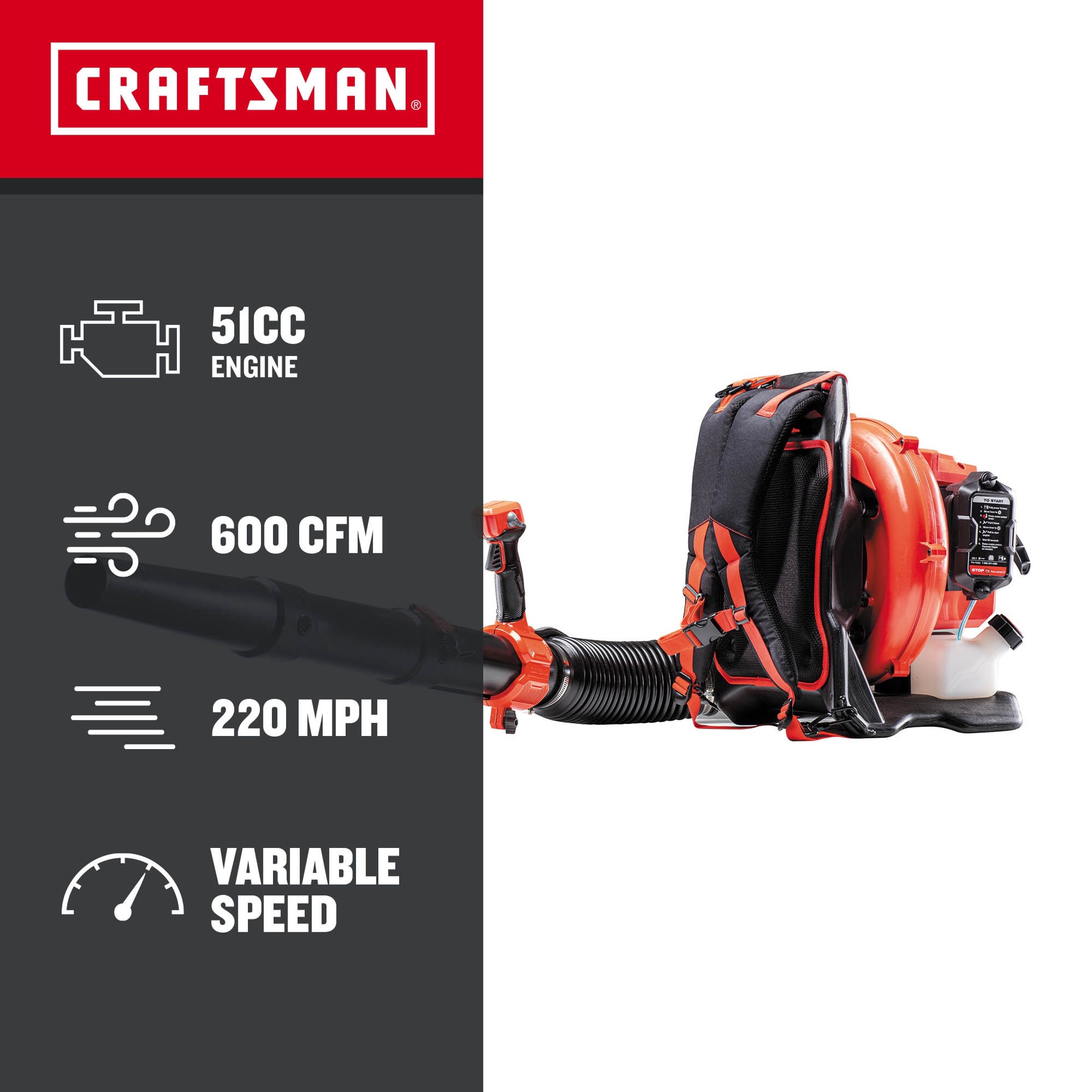 slide 2 of 6, CRAFTSMAN BP510 51-cc 2-cycle 600-CFM 220-MPH Gas Backpack Leaf Blower, 1 ct