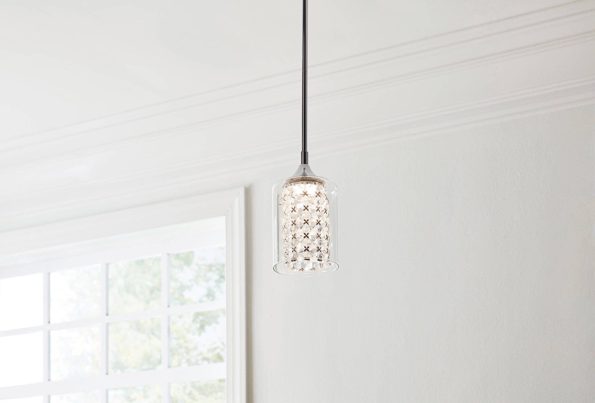 slide 1 of 6, allen + roth Quinn 1 -Light Chrome Modern/contemporary Clear glass Cylinder Integrated LED Mini Hanging Pendant light, 1 ct