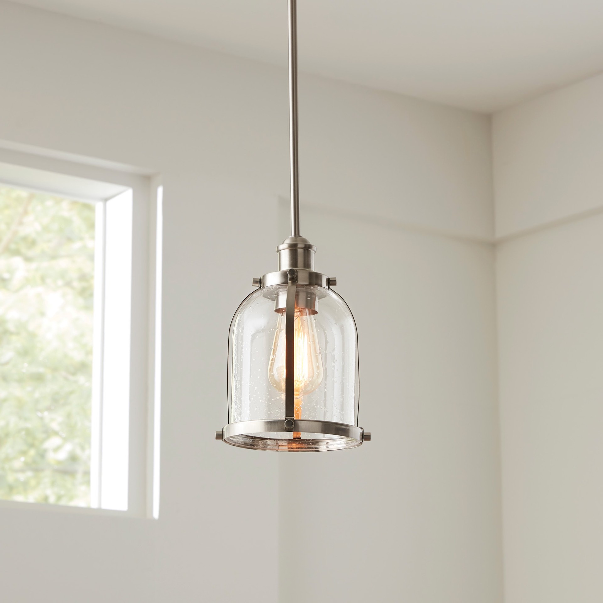 slide 1 of 6, allen + roth Freeport 1 -Light Brushed nickel Coastal Seeded glass Cone Mini Hanging Pendant light, 1 ct