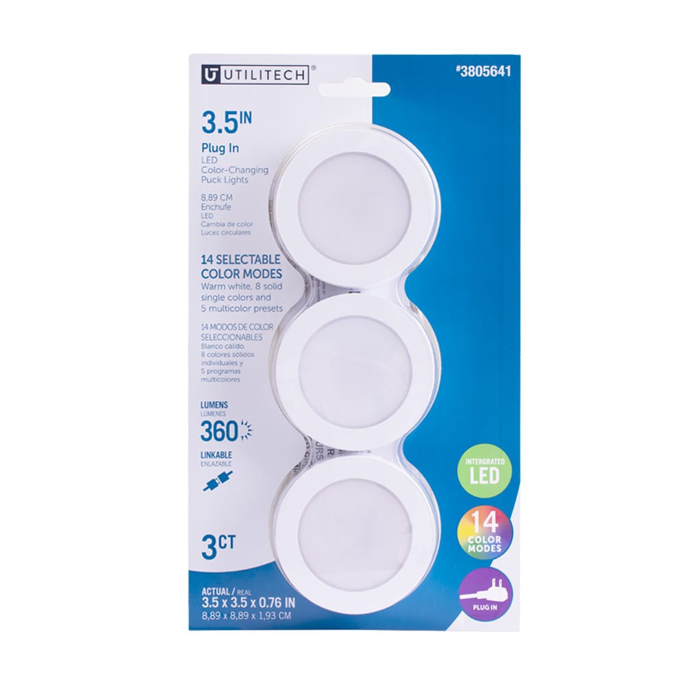 slide 3 of 6, Utilitech 3-pack Warm White Plug LED Puck Light, 1 ct