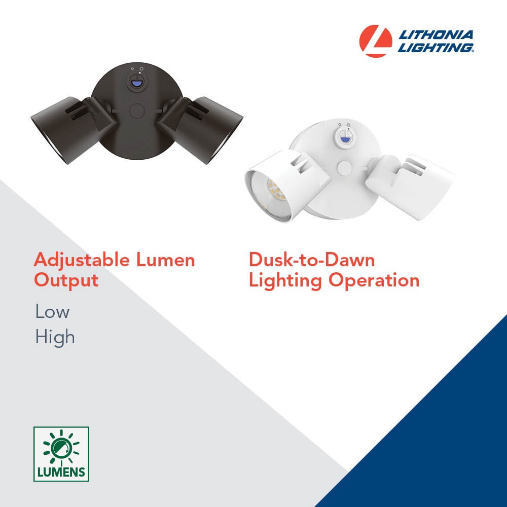 slide 3 of 6, Lithonia Lighting 150 -Watt EQ Hardwired LED White 2 -Head Dusk-to-Dawn Flood Light 2750 -Lumen, 1 ct